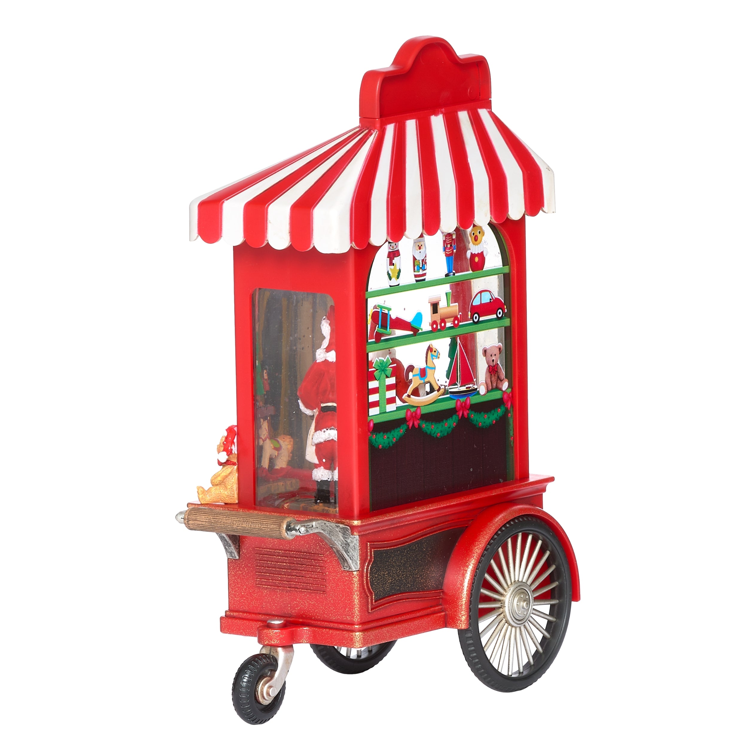 Red toy cart with striped canopy on a white background
