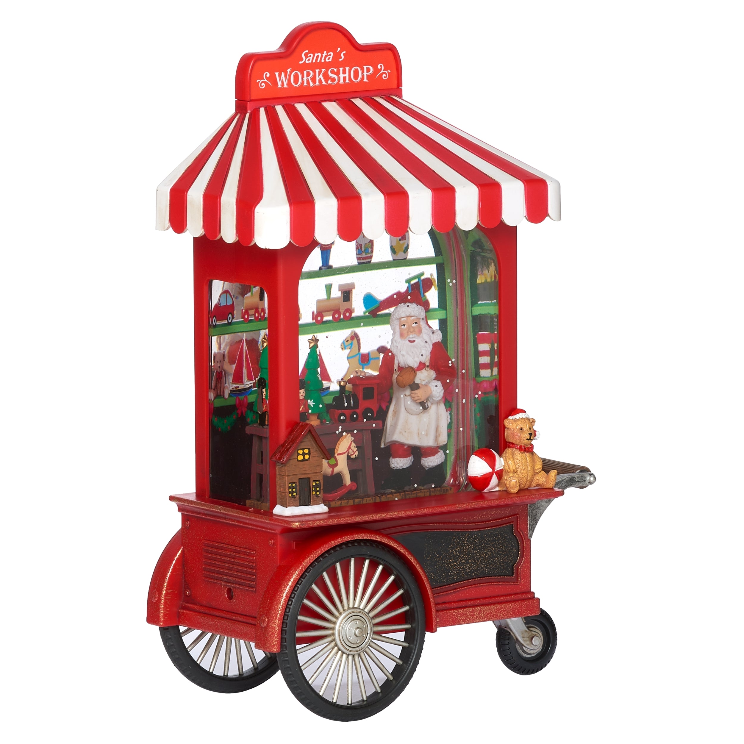 Red and white Christmas display cart with Santa Claus and toys on a white background