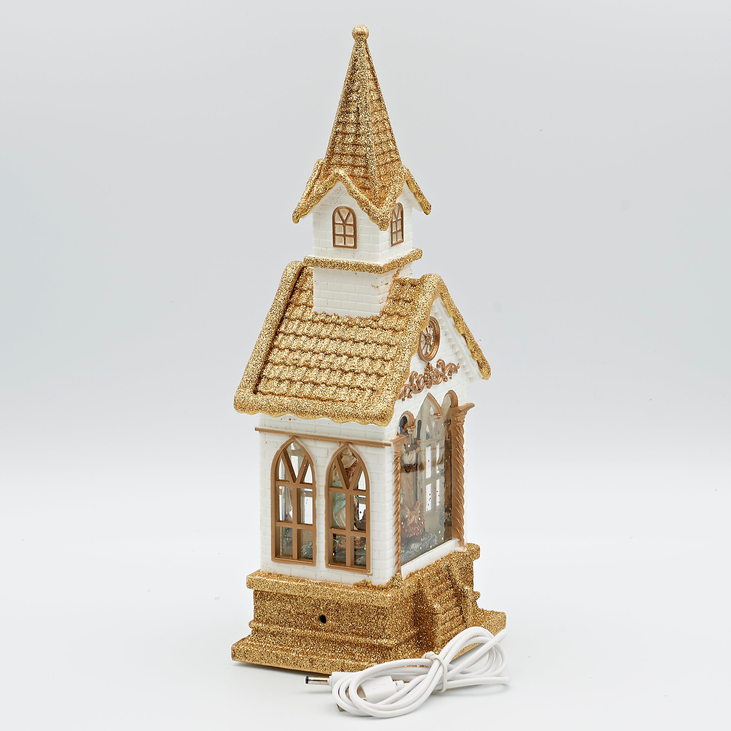 Confetti Lites Lighted Swirl White and Gold Church with Holy Family