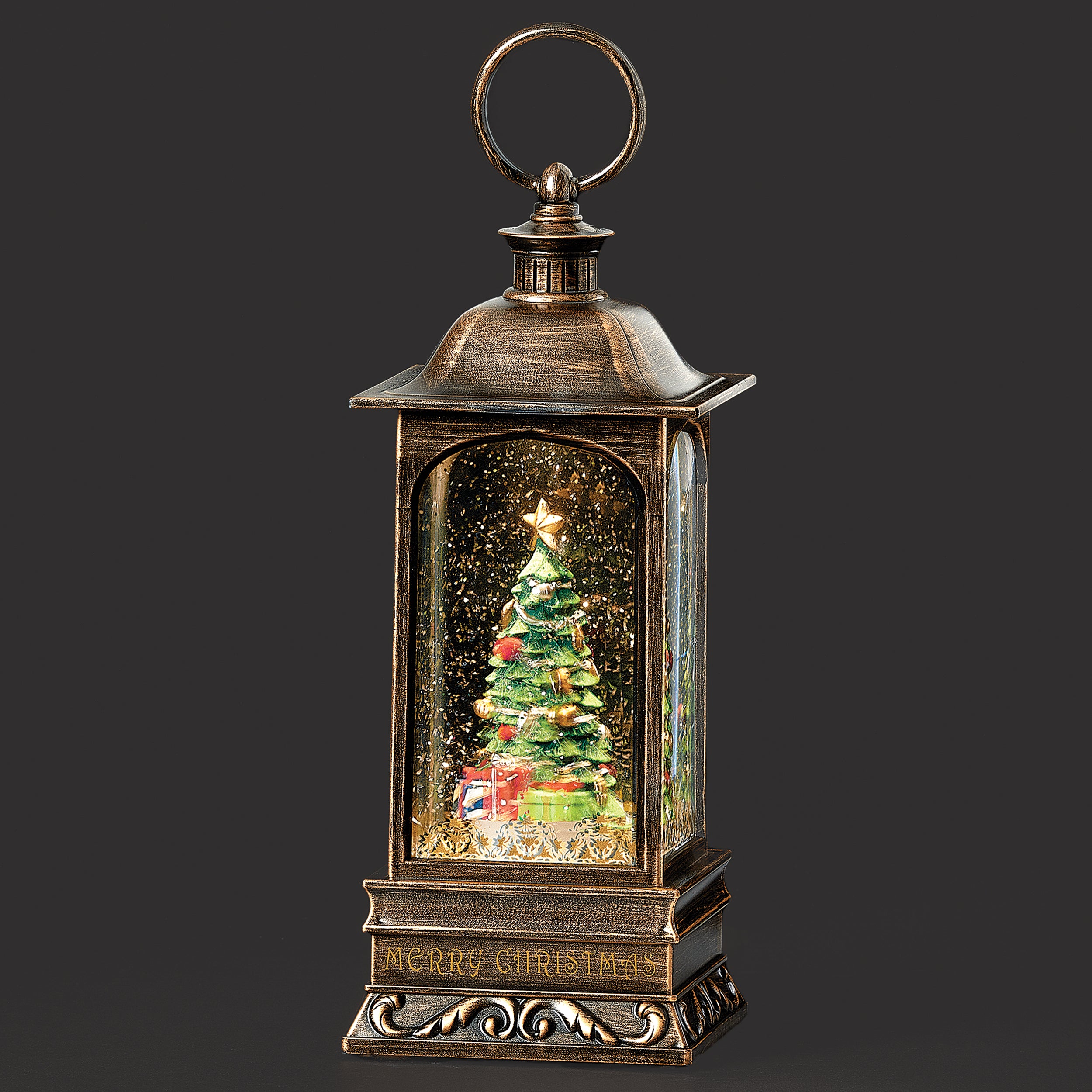 Confetti Lites Lighted Swirl Bronze Vintage Lantern with Rotating Christmas Tree