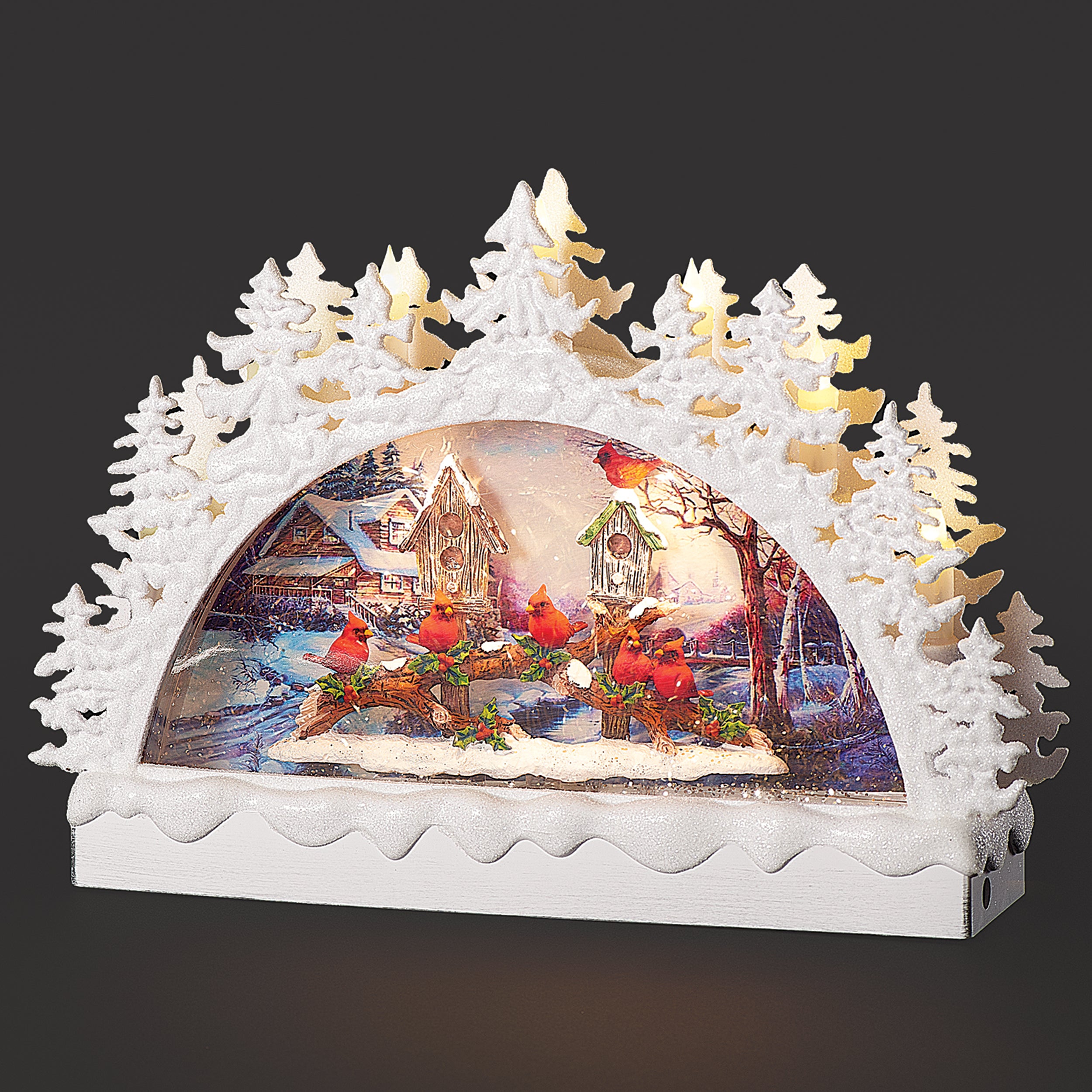 Confetti Lites Lighted Swirl Tree Arch with Cardinals on Snowy Branch Scene