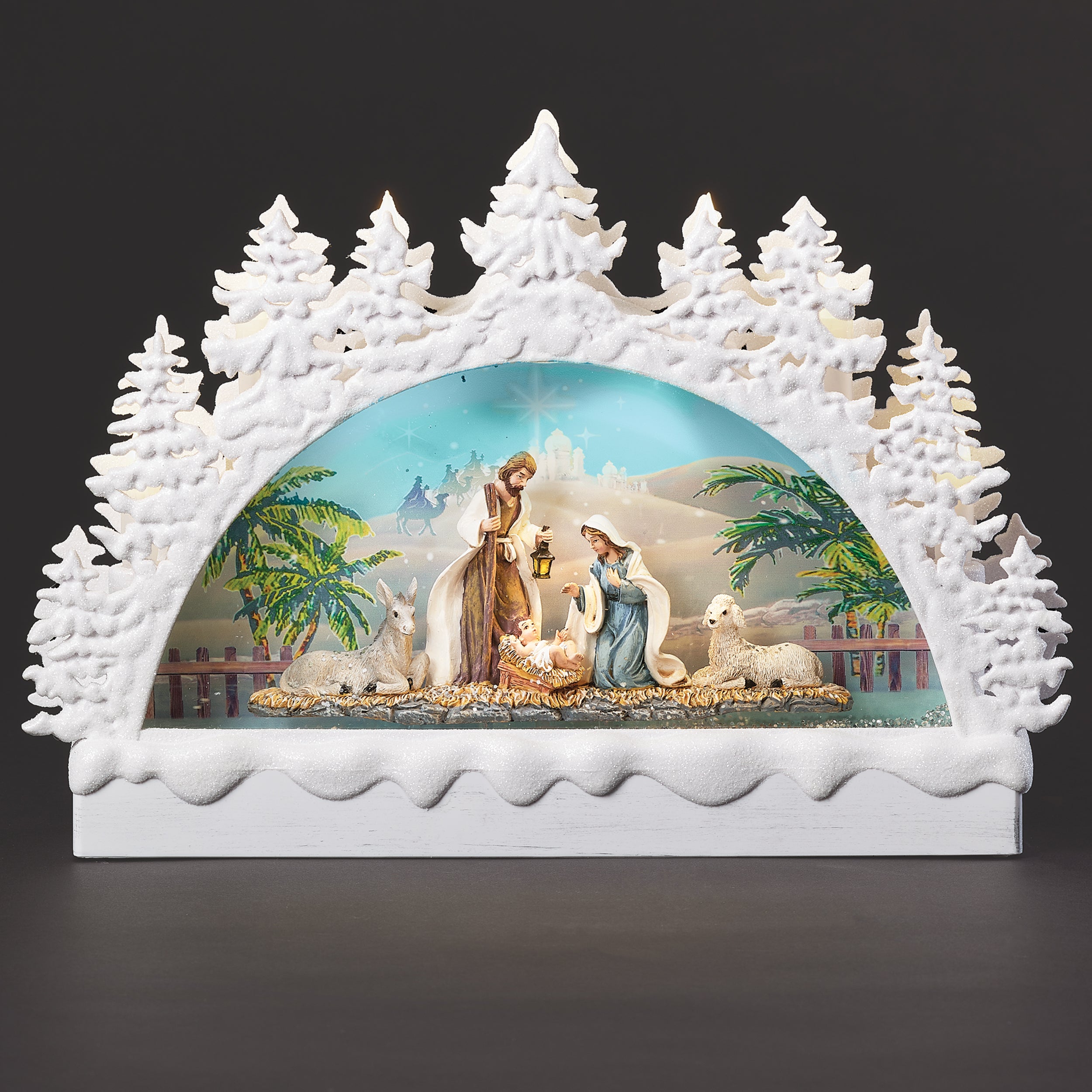 Confetti Lites Lighted Swirl White Tree Arch with Holy Family