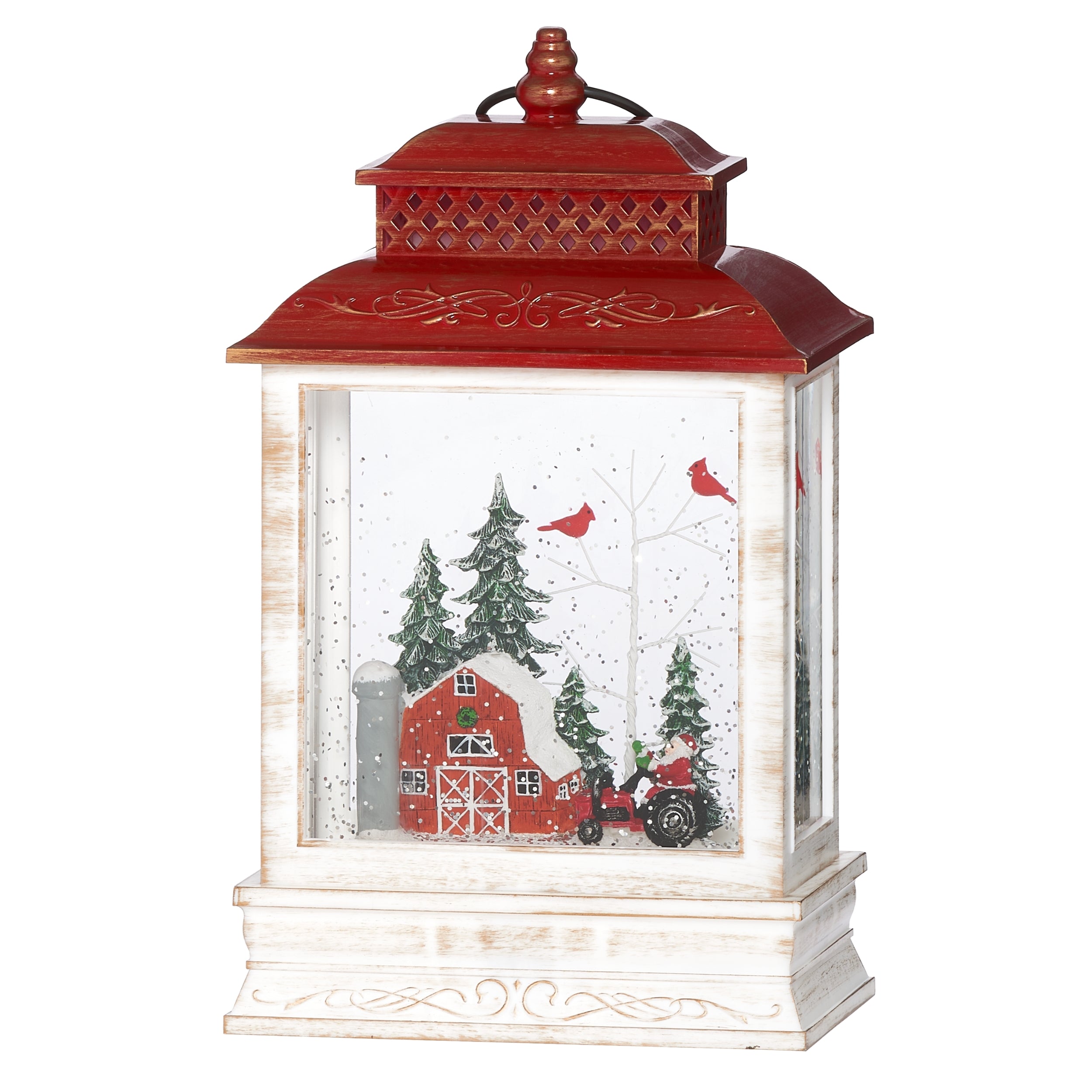 Decorative lantern with a winter scene featuring a red barn, trees, and a tractor on a white background.