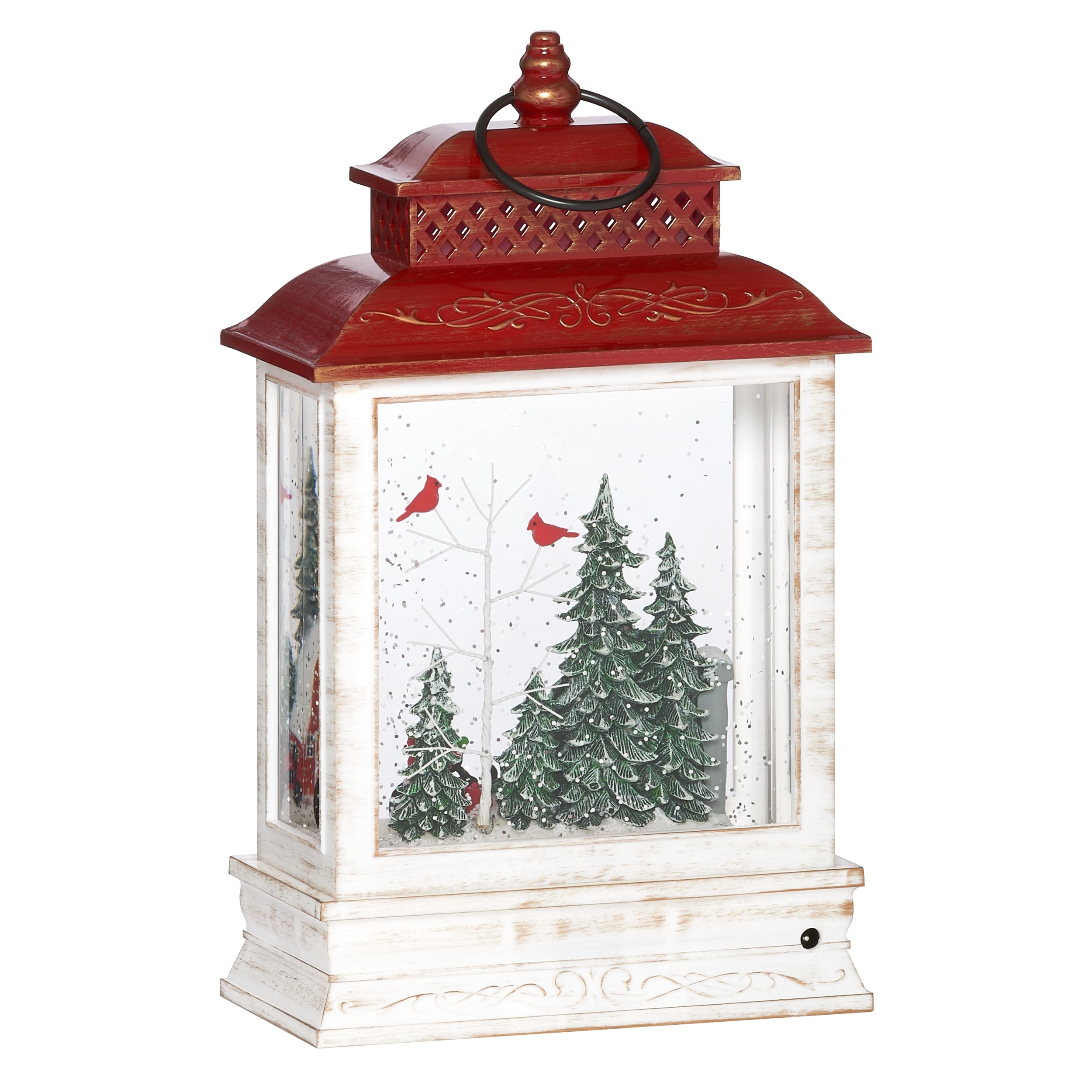Decorative lantern with a winter scene featuring a red barn, trees, and a tractor on a white background.