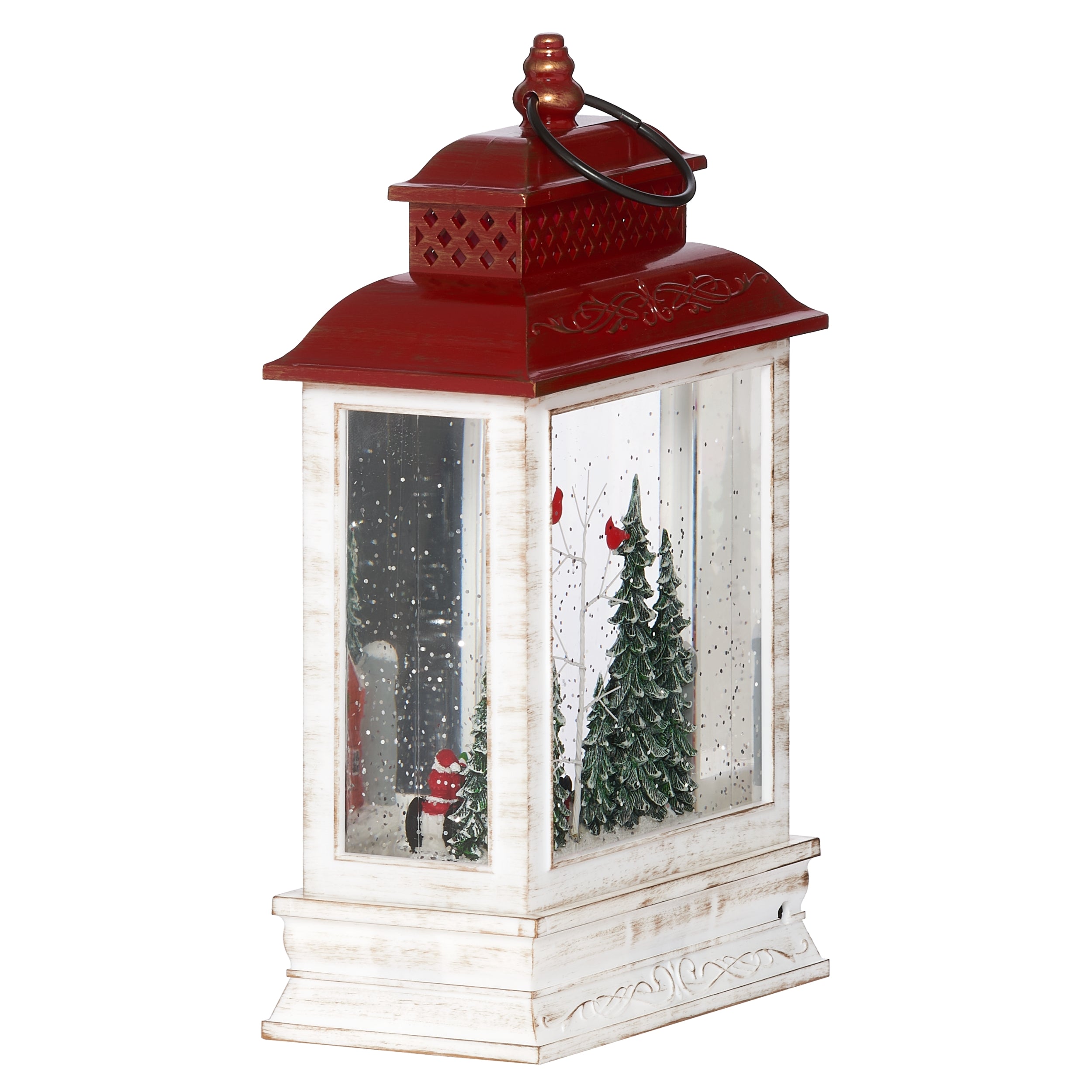 Decorative lantern with a winter scene featuring a red barn, trees, and a tractor on a white background.