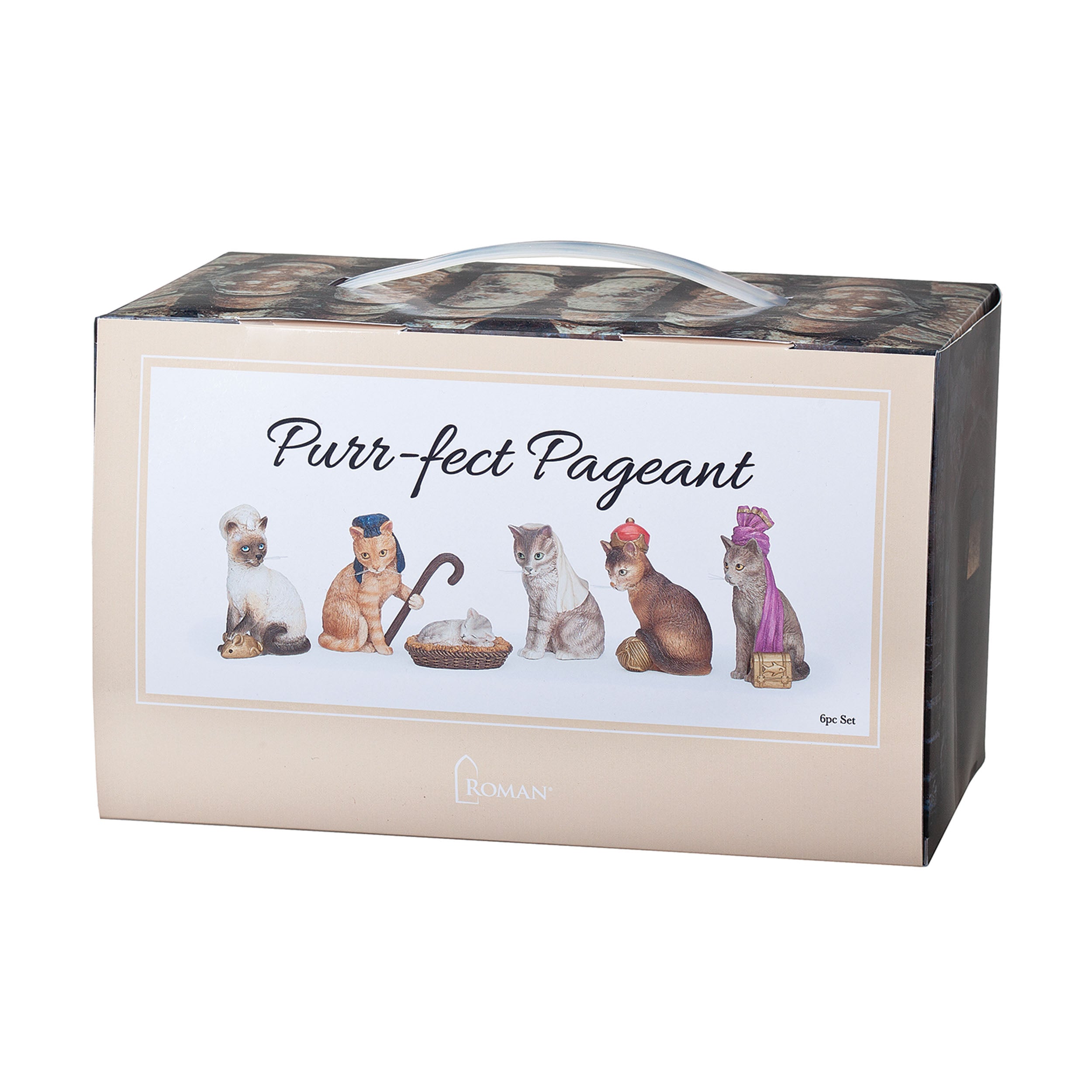 Cat-inspired nativity box set on a white background