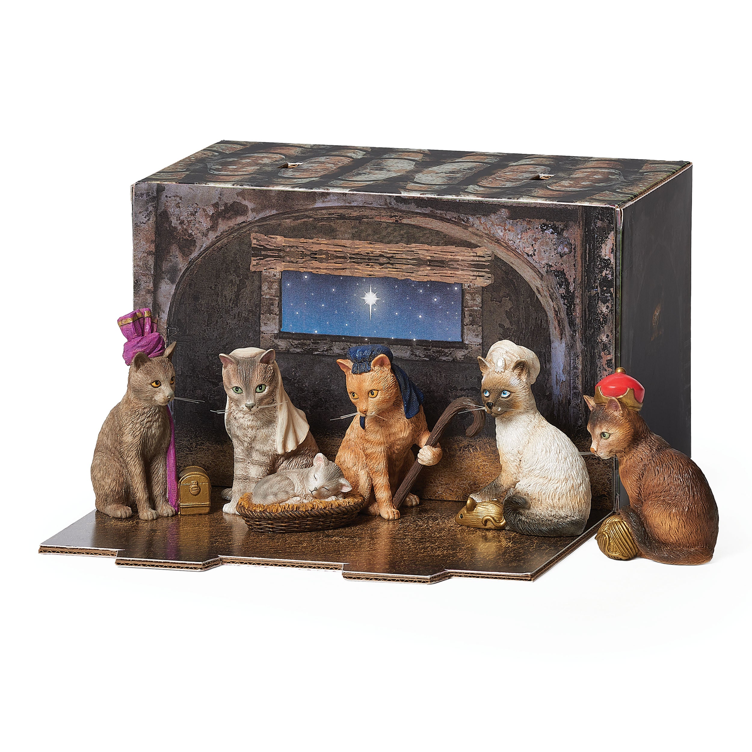 Cat-inspired nativity set on a white background