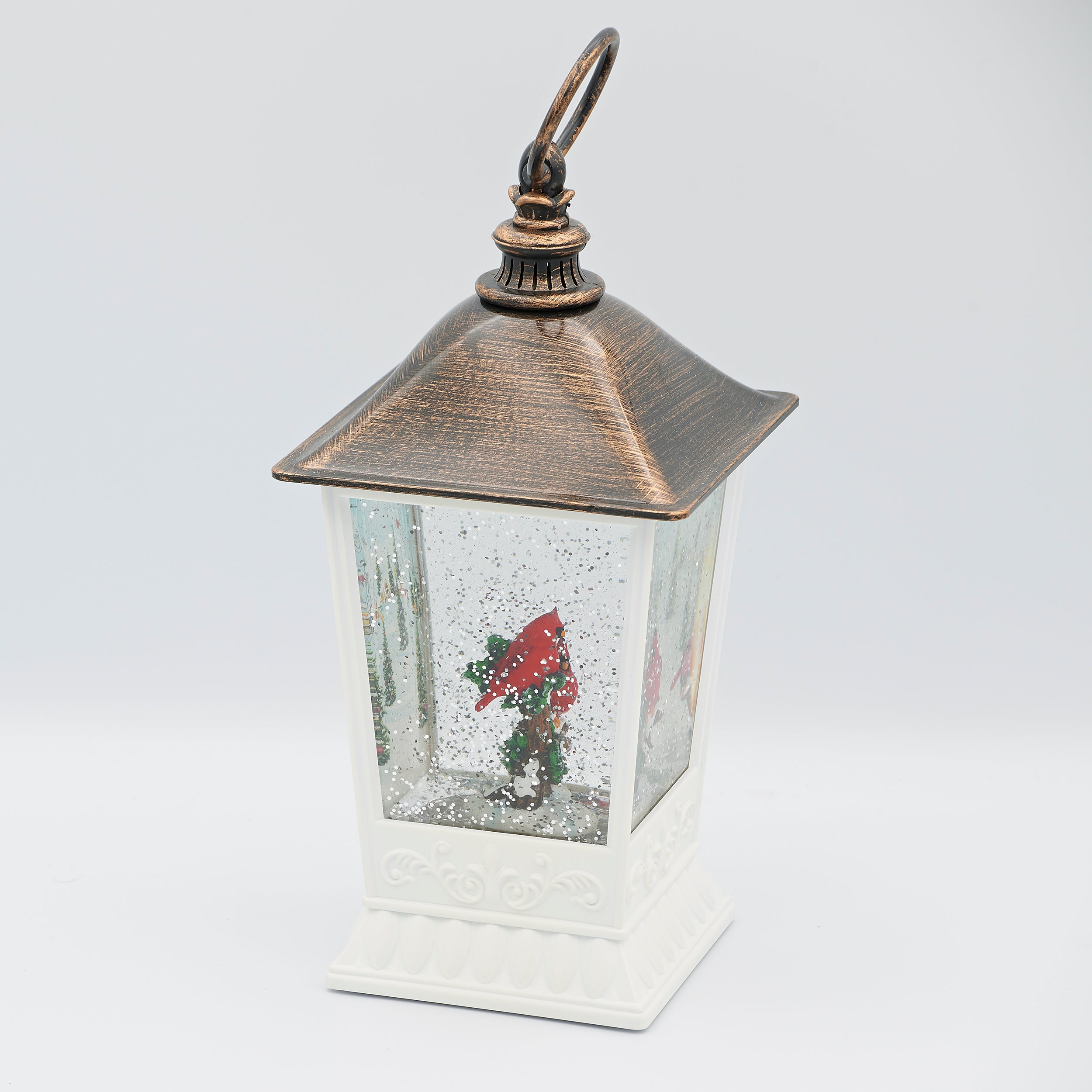 Confetti Lites Lighted Swirl White & Bronze Lantern with Cardinals Scene