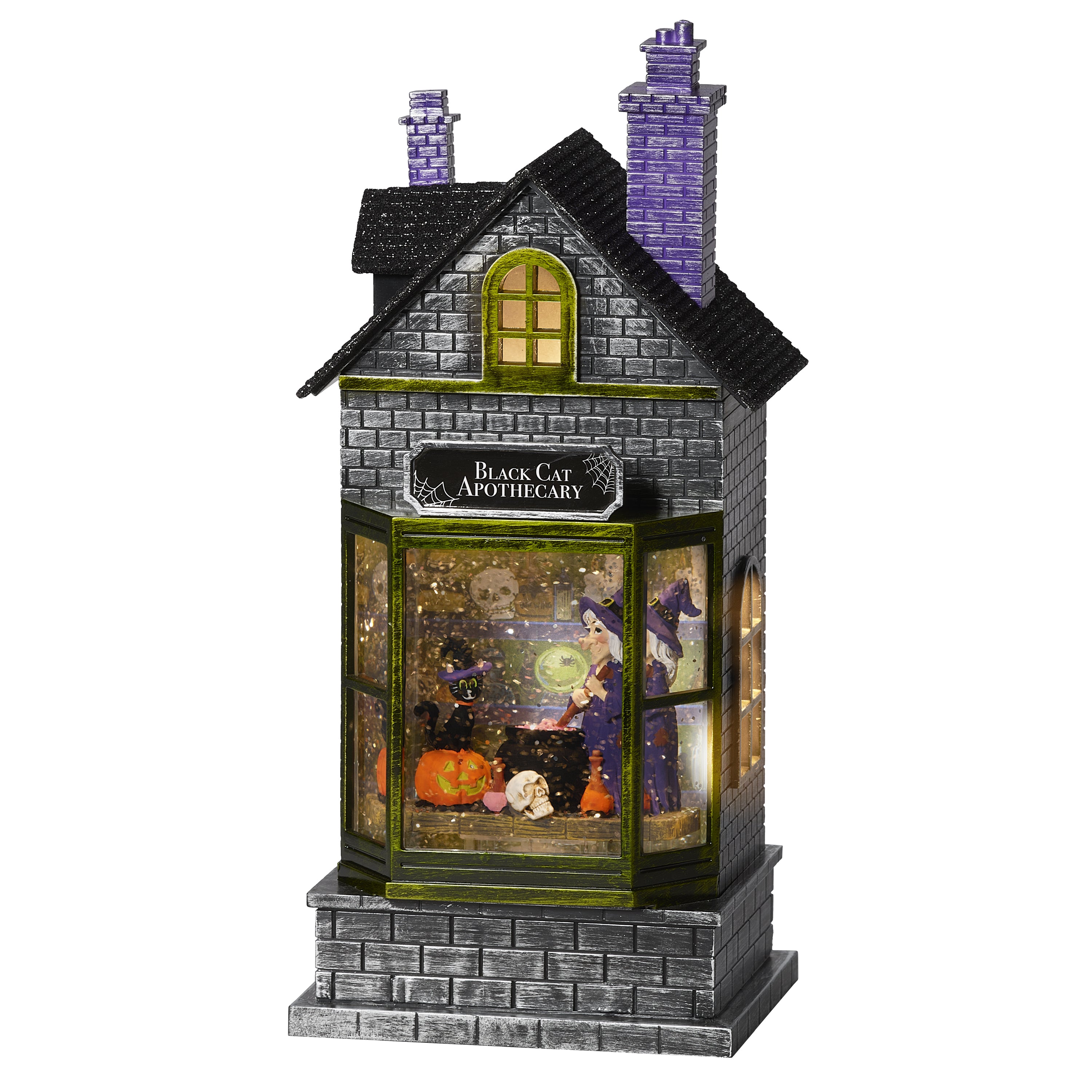 Decorative Halloween-themed house with  a witch inside and 'Black Cat Apothecary' sign