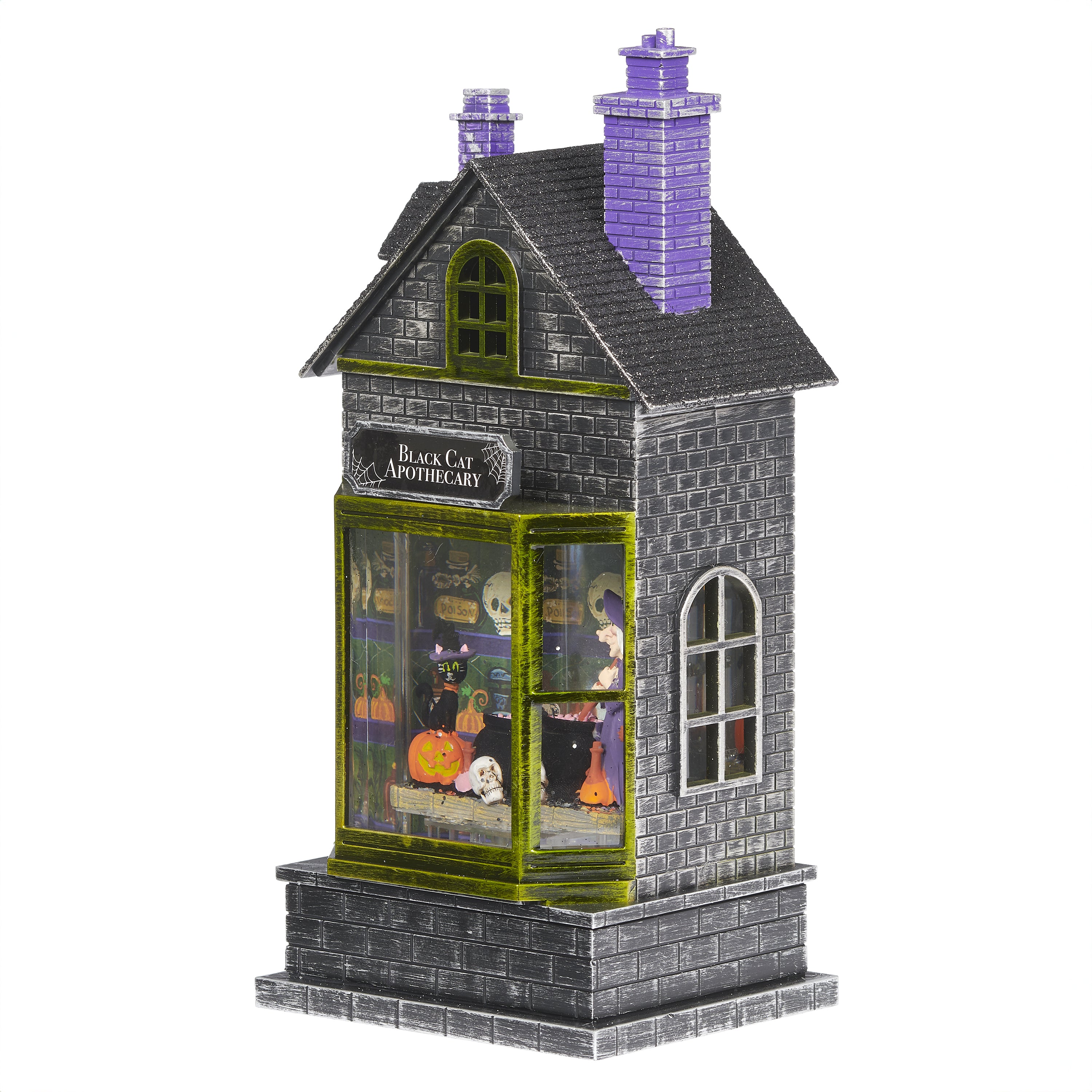 Decorative Halloween-themed house with  a witch inside and 'Black Cat Apothecary' sign