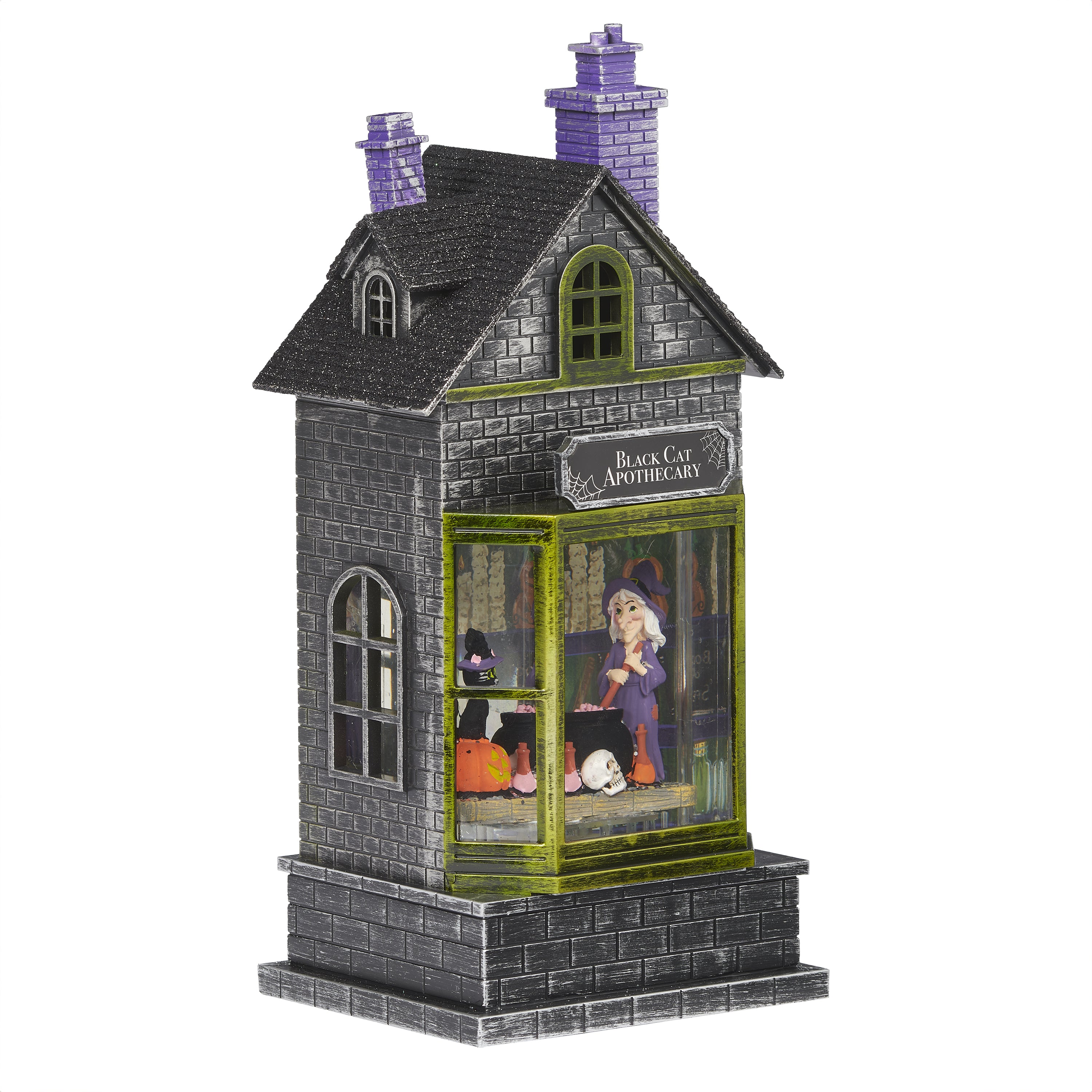 Decorative Halloween-themed house with  a witch inside and 'Black Cat Apothecary' sign