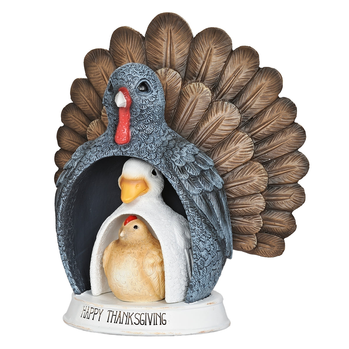 Angled front view of the Thanksgiving set with the duck and chicken nestled inside the turkey.