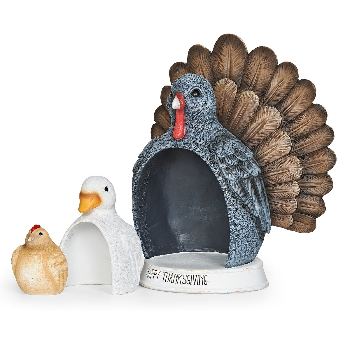 Turkey, duck, and chicken displayed separately to show the three graduated nesting sizes.