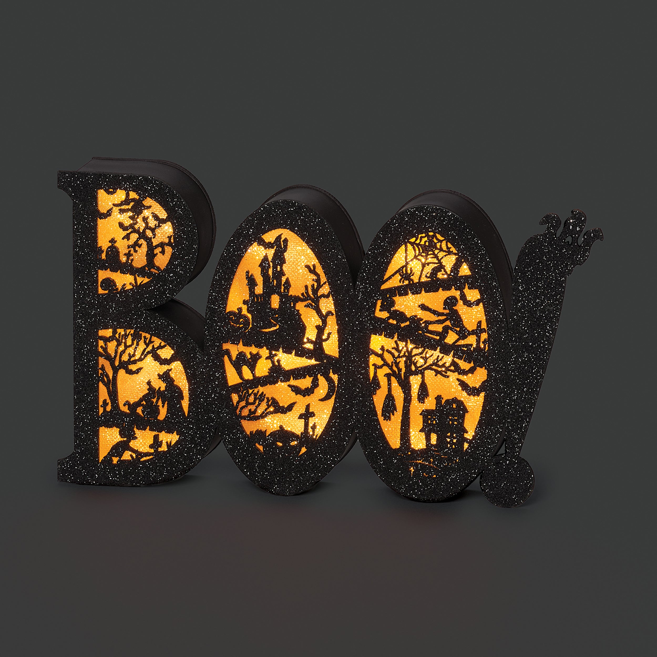 Lighted "Boo" Sign with Black Glitter