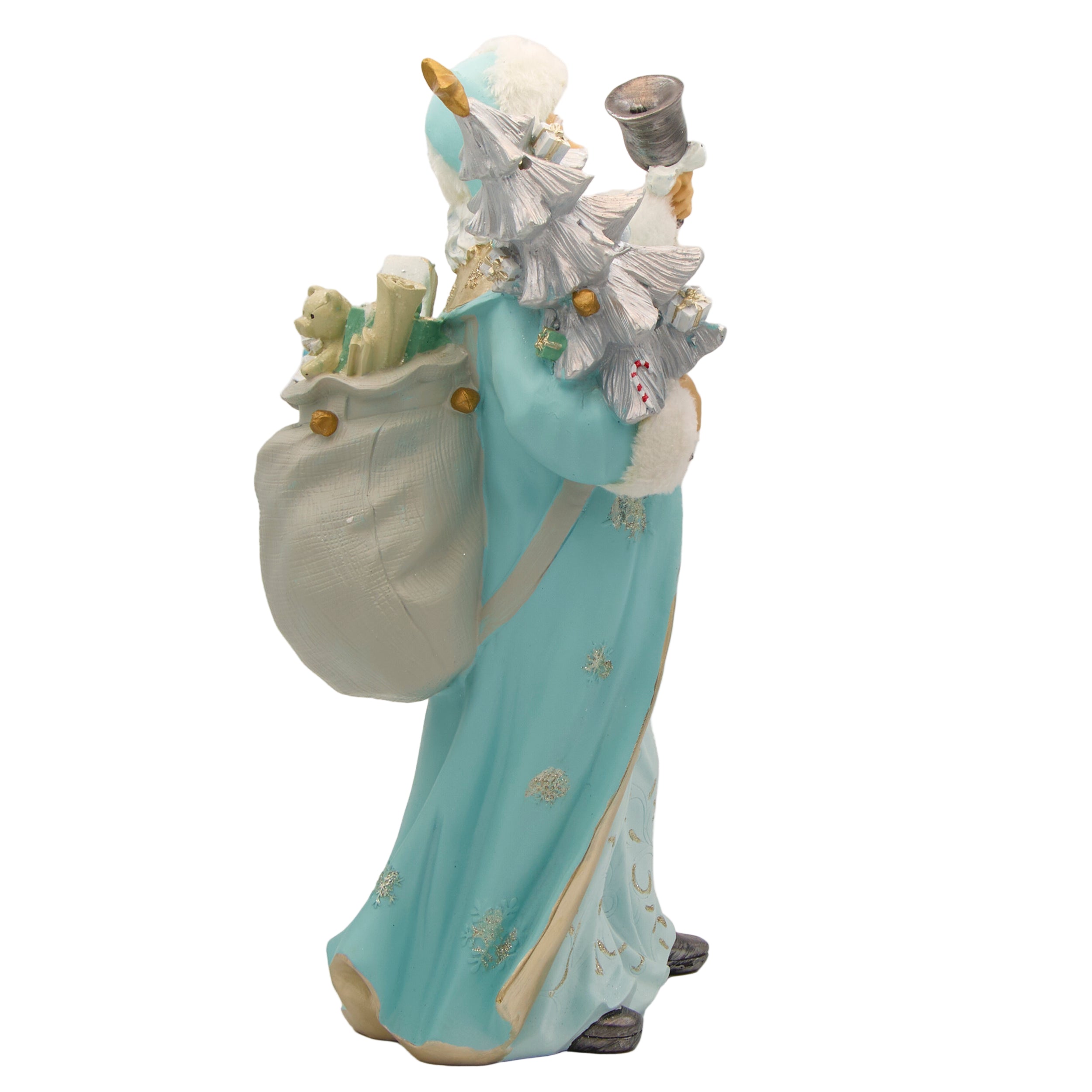 Decorative Santa figurine with a blue robe and white accessories on a white background