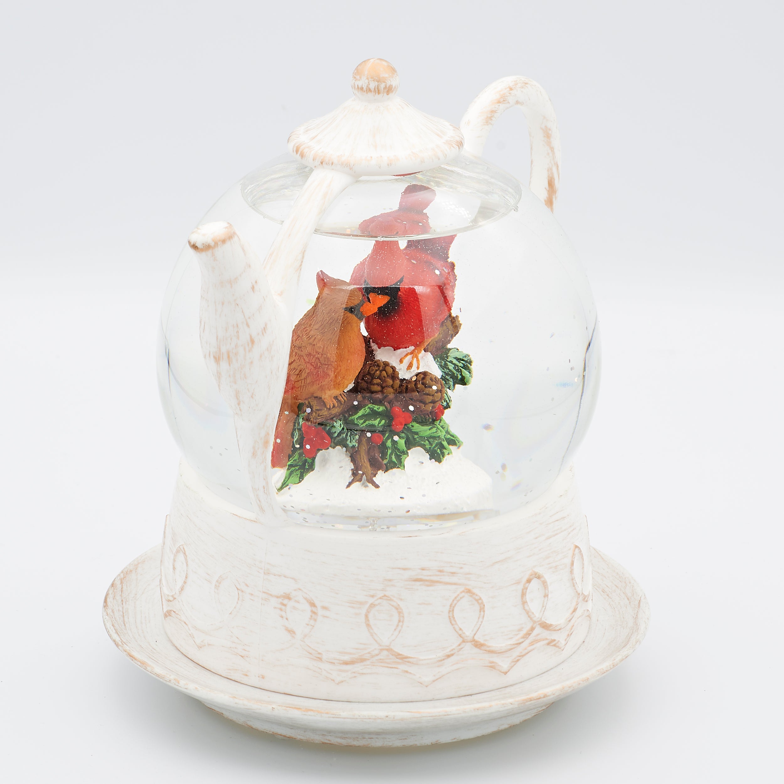 Confetti Lites Lighted Swirl Teapot with Cardinal, Holly & Pine