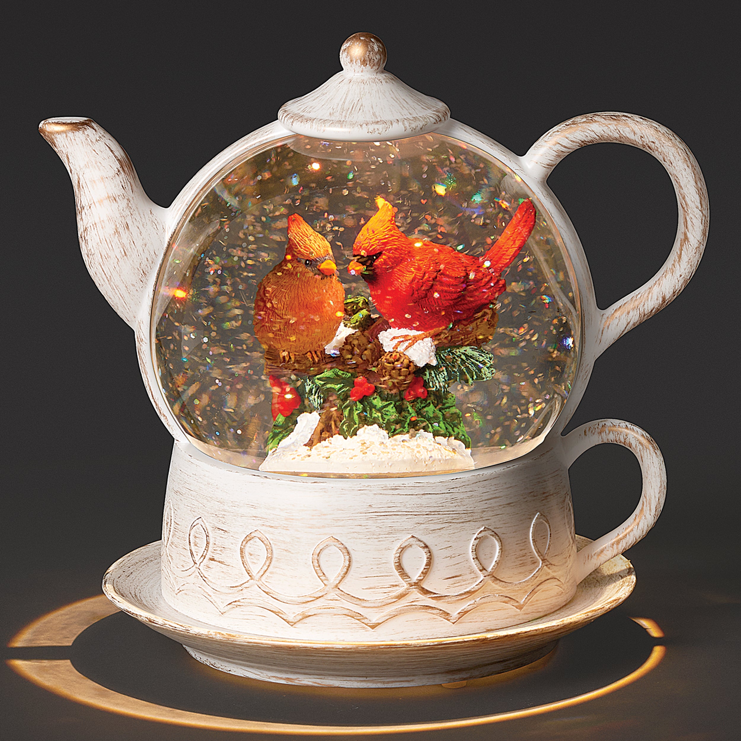 Confetti Lites Lighted Swirl Teapot with Cardinal, Holly & Pine