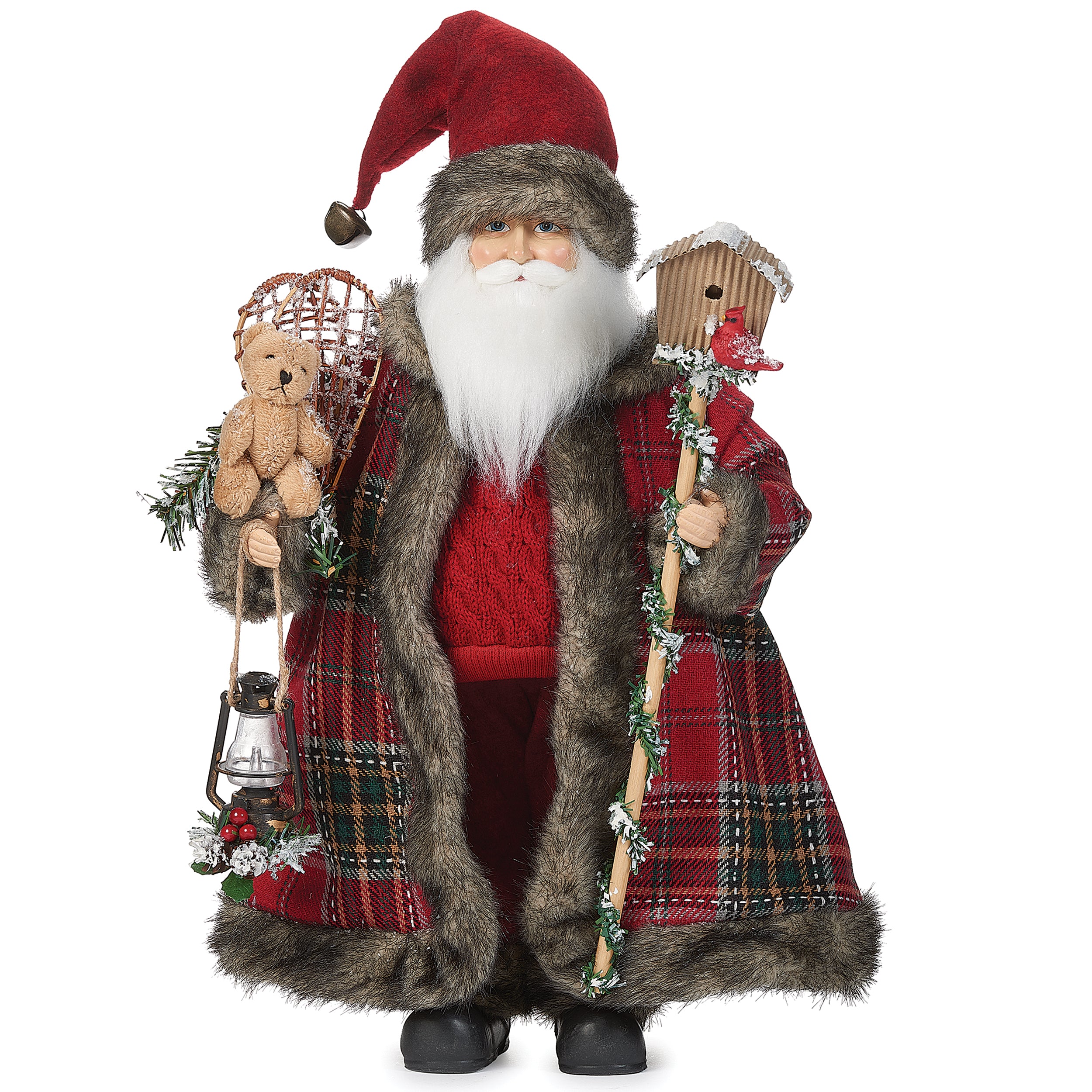 Santa with Red Jacket & Cardinal Birdhouse Figure