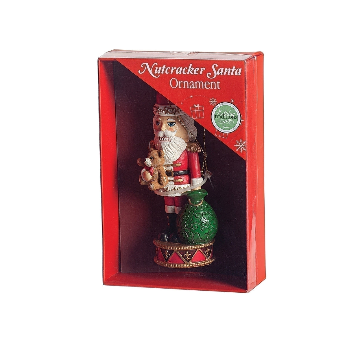 Santa nutcracker ornament displayed in a red window gift box.