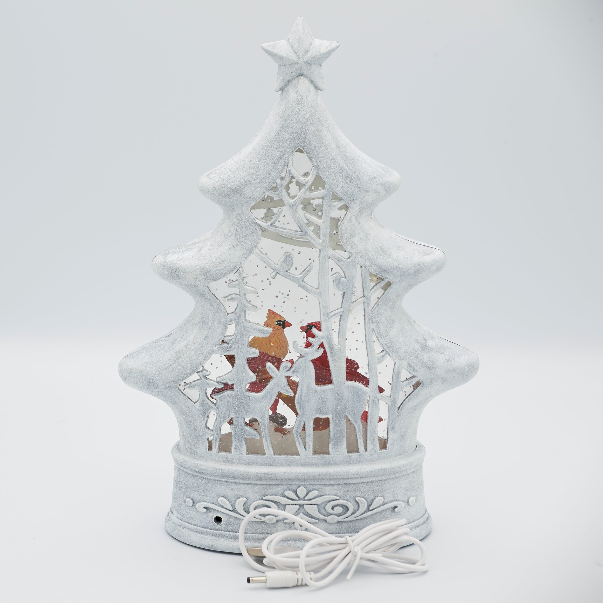 Confetti Lites Lighted Swirl White Christmas Tree with Cardinals on Branch