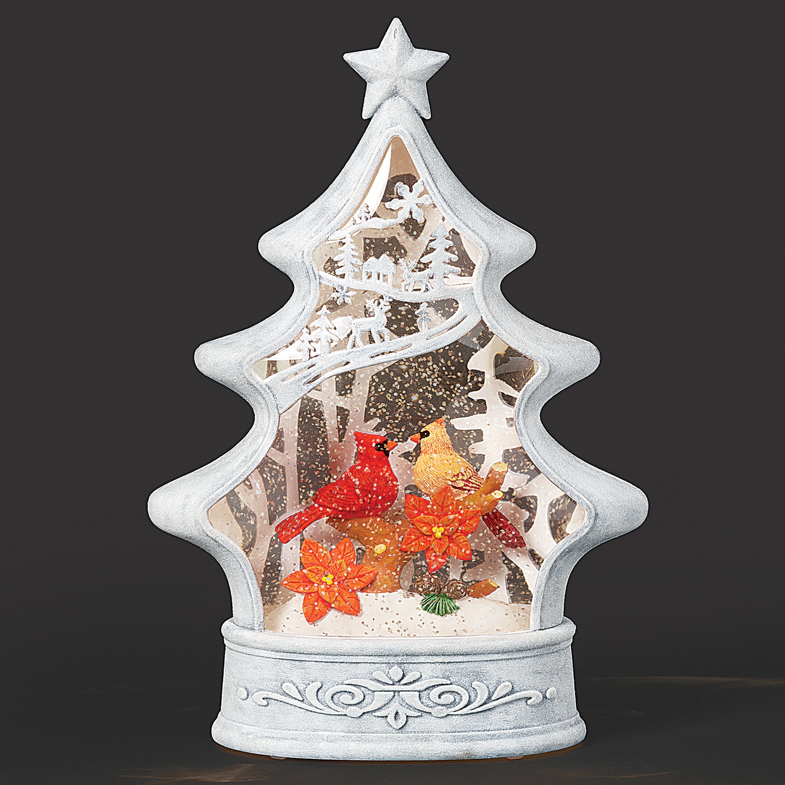 Confetti Lites Lighted Swirl White Christmas Tree with Cardinals on Branch