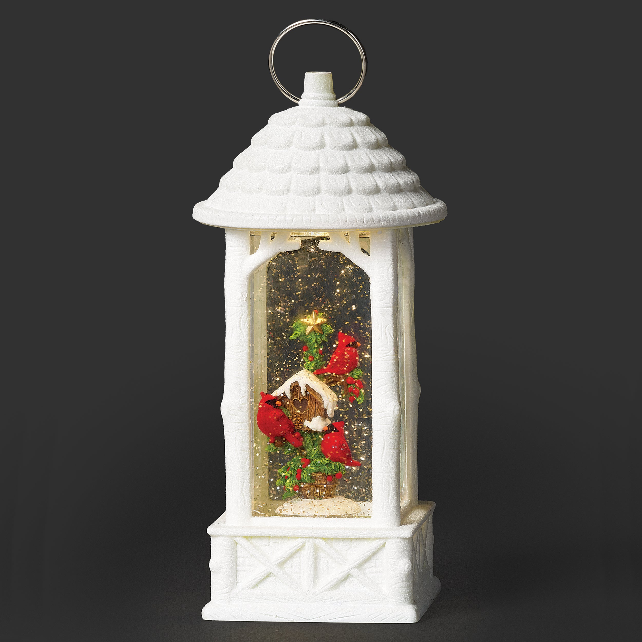 Confetti Lites Lighted Swirl White Birdhouse Lantern with Cardinals & Holly
