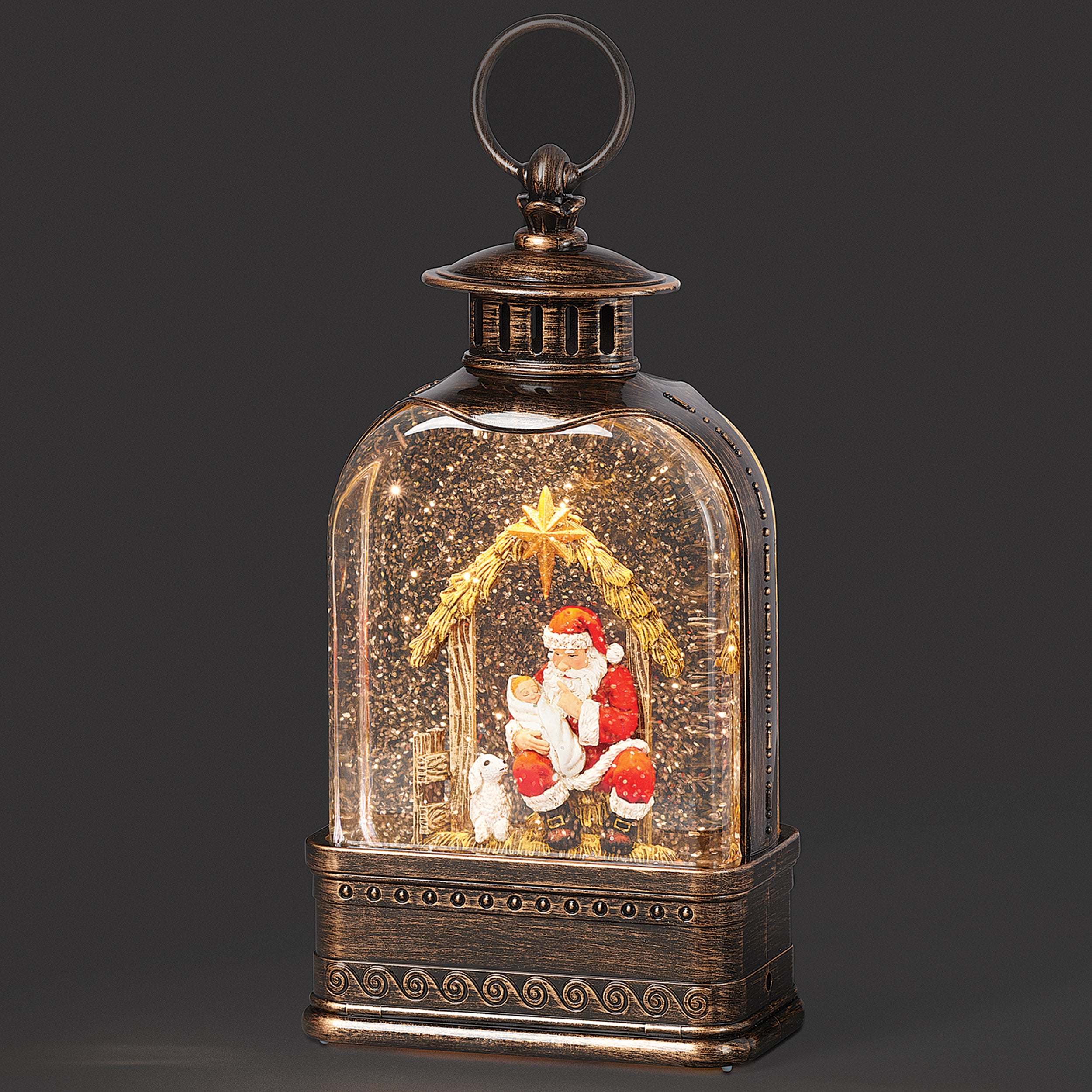 Lighted Swirl Santa Shushing Baby Jesus Lantern