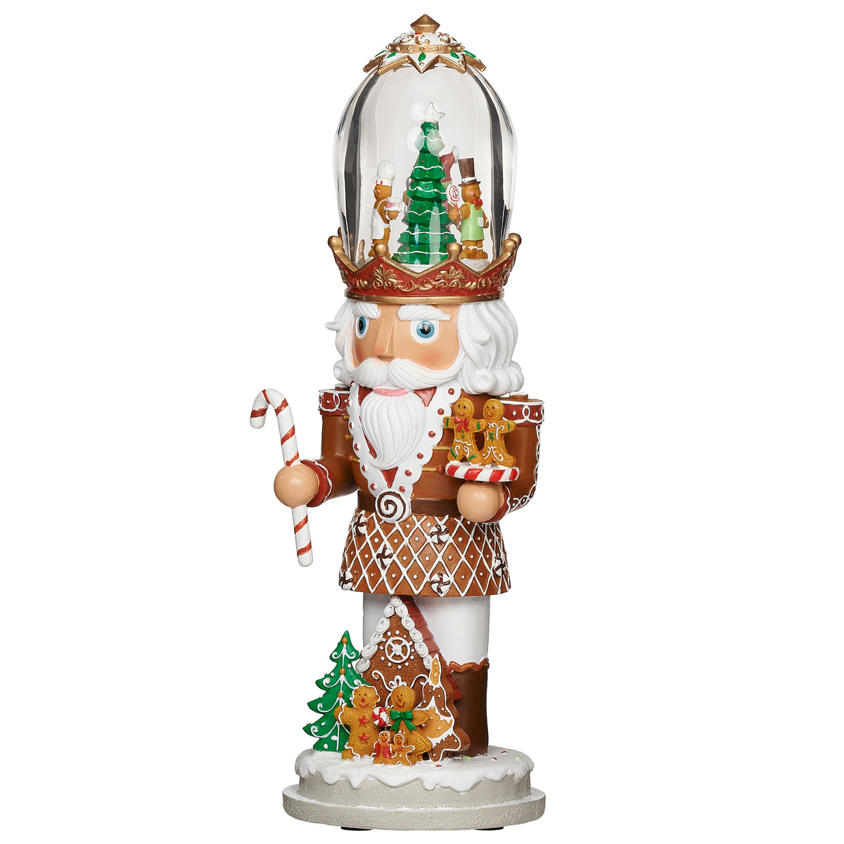 Opposite front angled view of Gingerbread Nutcracker Lighted Musical showing the gingerbread styling, holiday dome, and decorative base