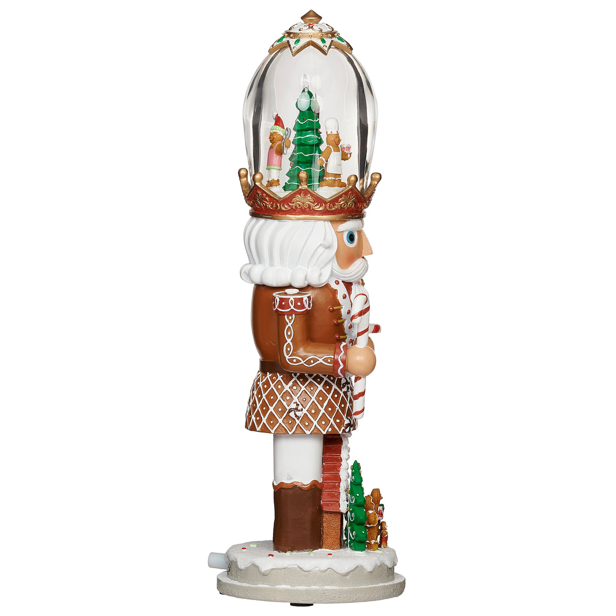 Rear angled view of Gingerbread Nutcracker Lighted Musical showing the candy-themed costume, tall hat, and sculpted base