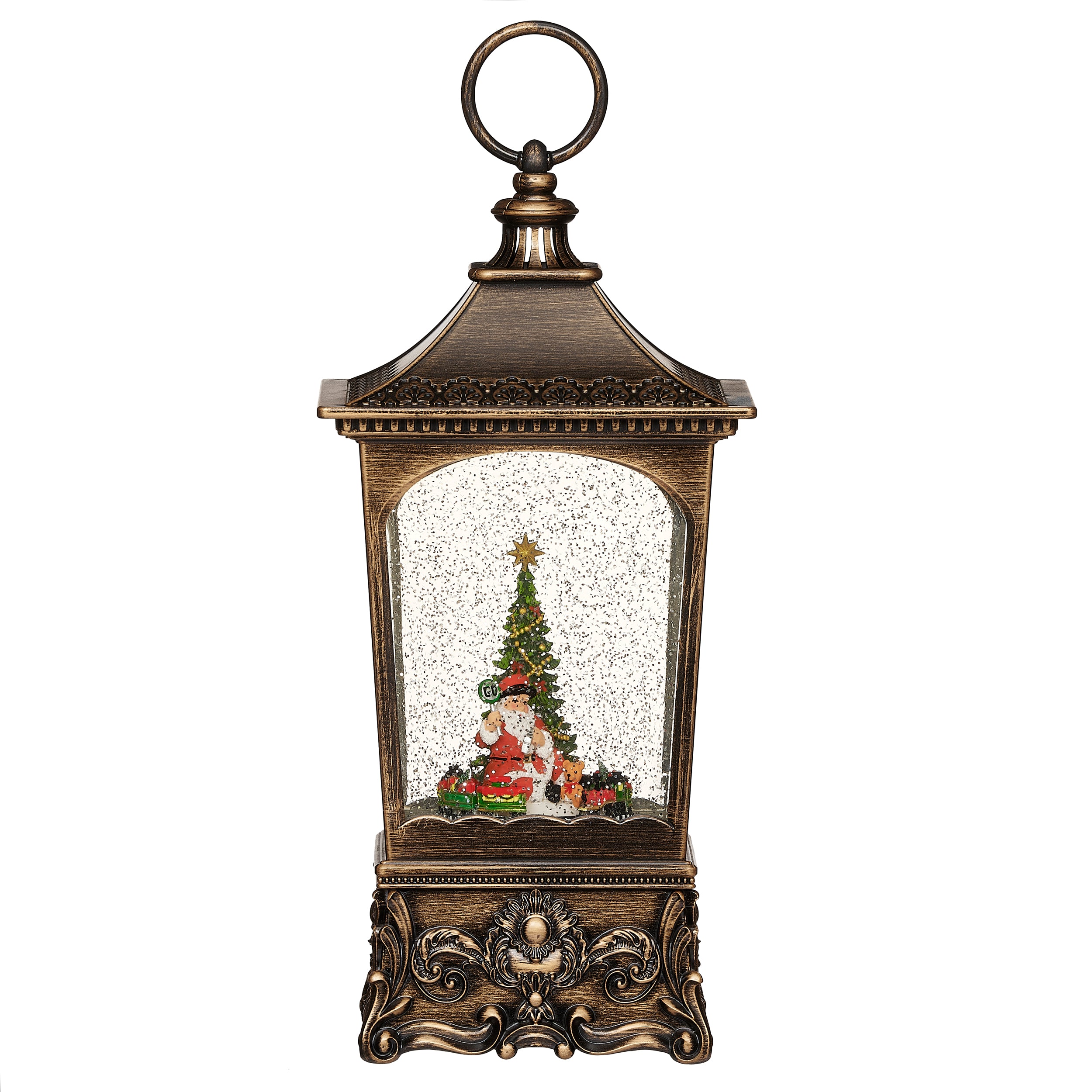 Lantern with a Christmas scene inside on a white background.
