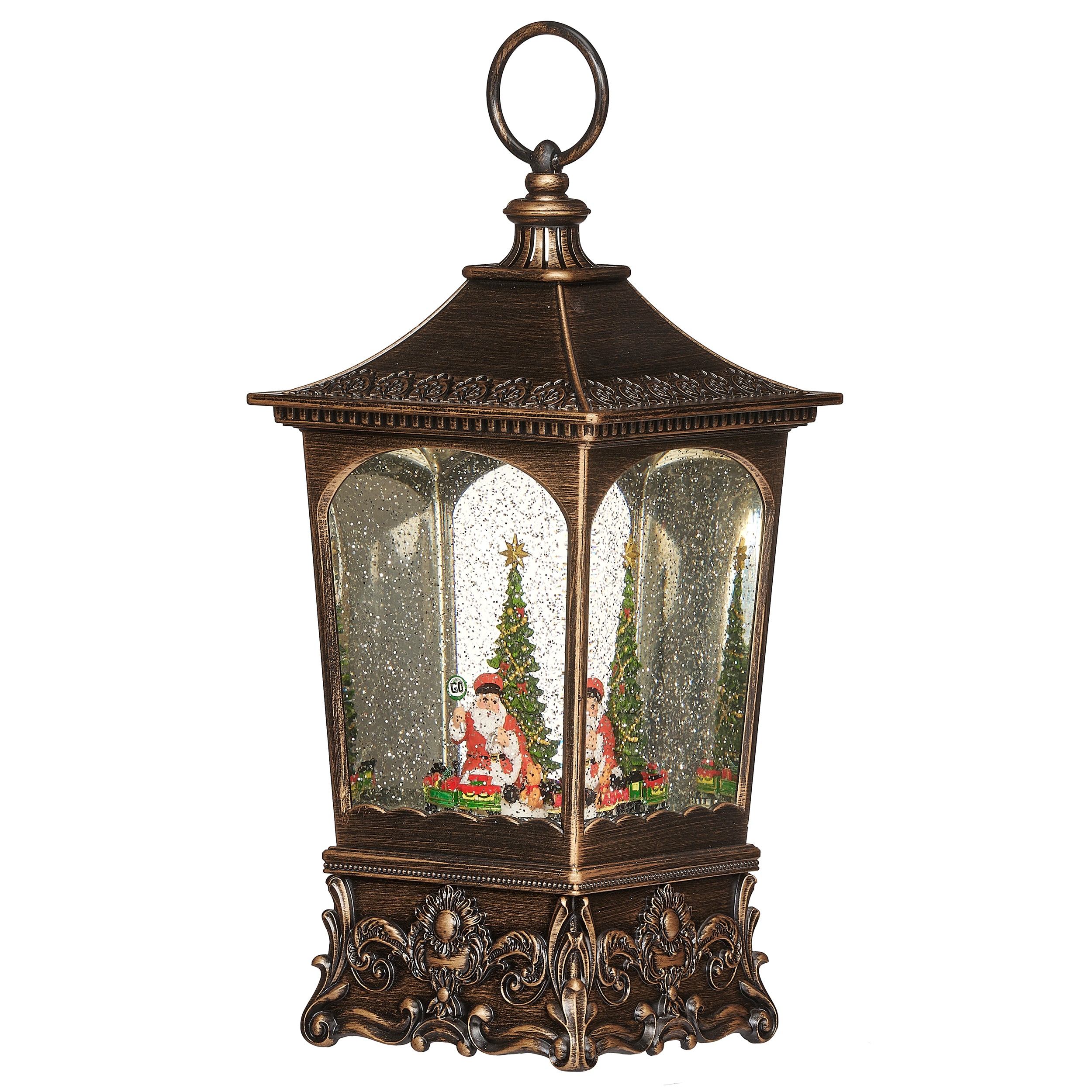 Lantern with a Christmas scene inside on a white background.