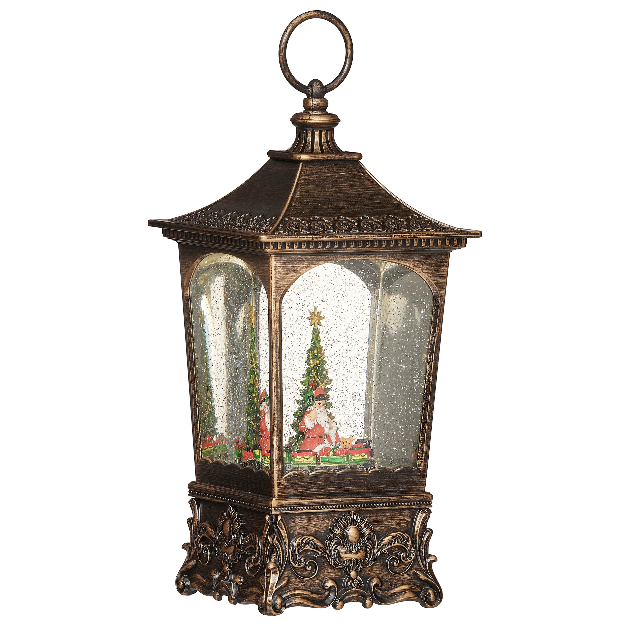 Lantern with a Christmas scene inside on a white background.