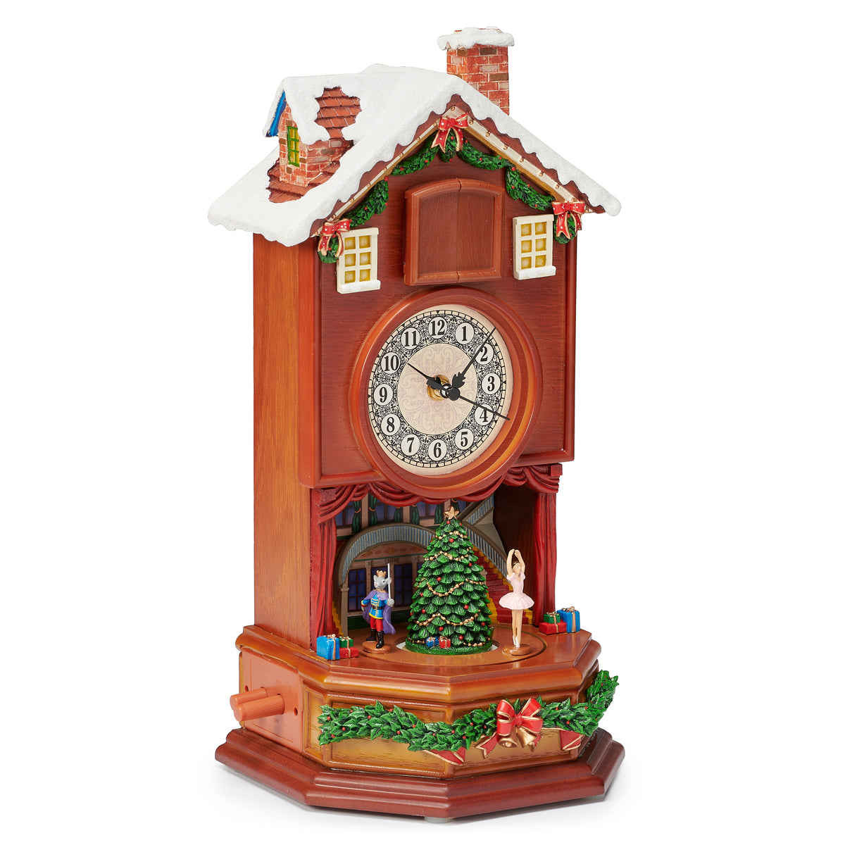 Opposite angled view of Lighted Musical Clock showing the wood-look tower, snowy roof, and festive ballet display