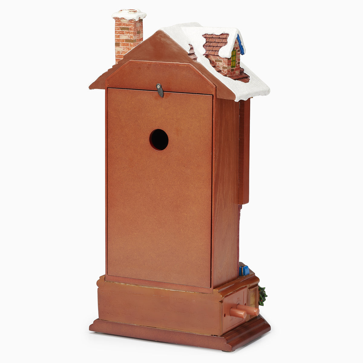 Back view of Lighted Musical Clock showing the plain wood-look rear panel and clock housing