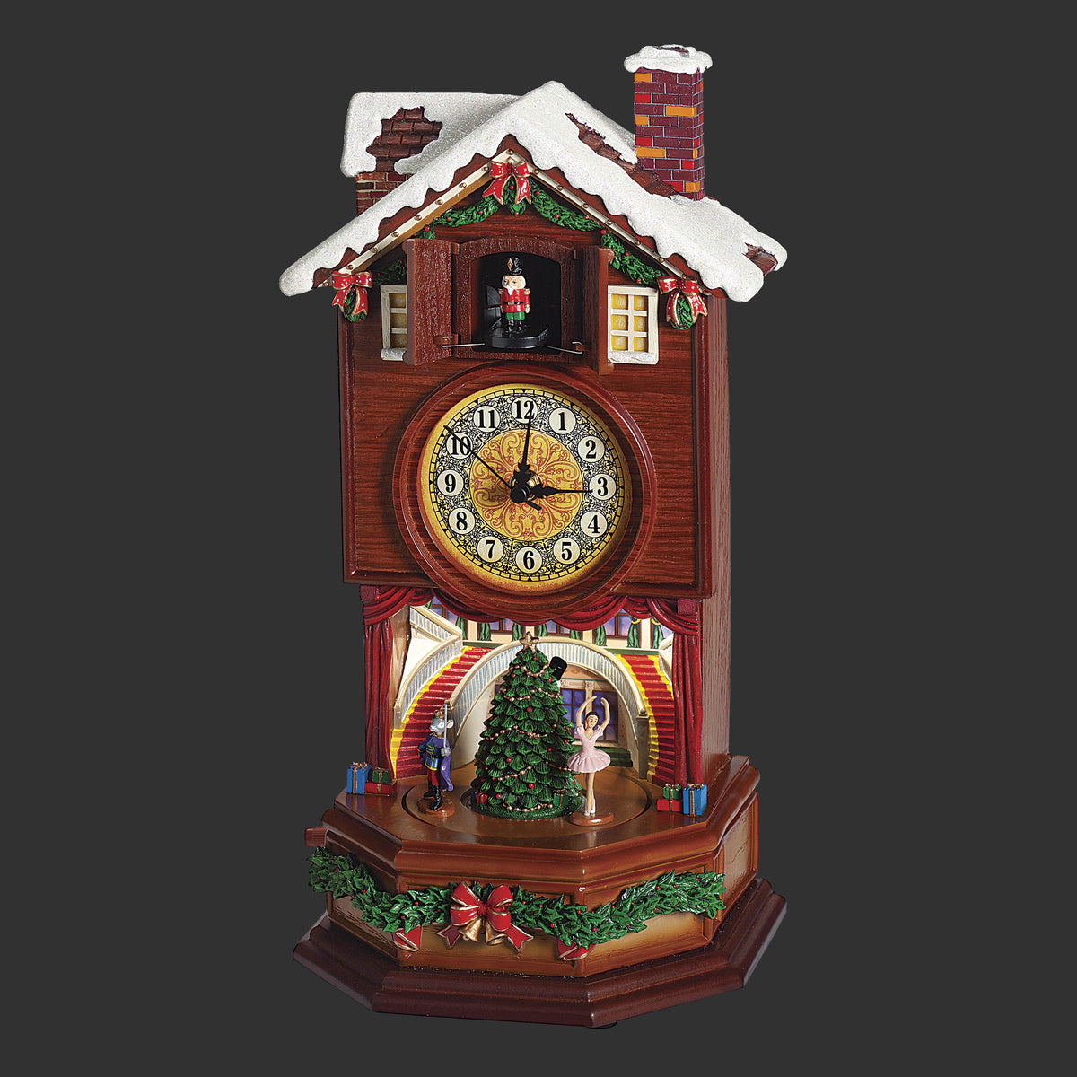 1. Illuminated view of Lighted Musical Clock glowing warmly with the Nutcracker ballet scene visible beneath the clock face