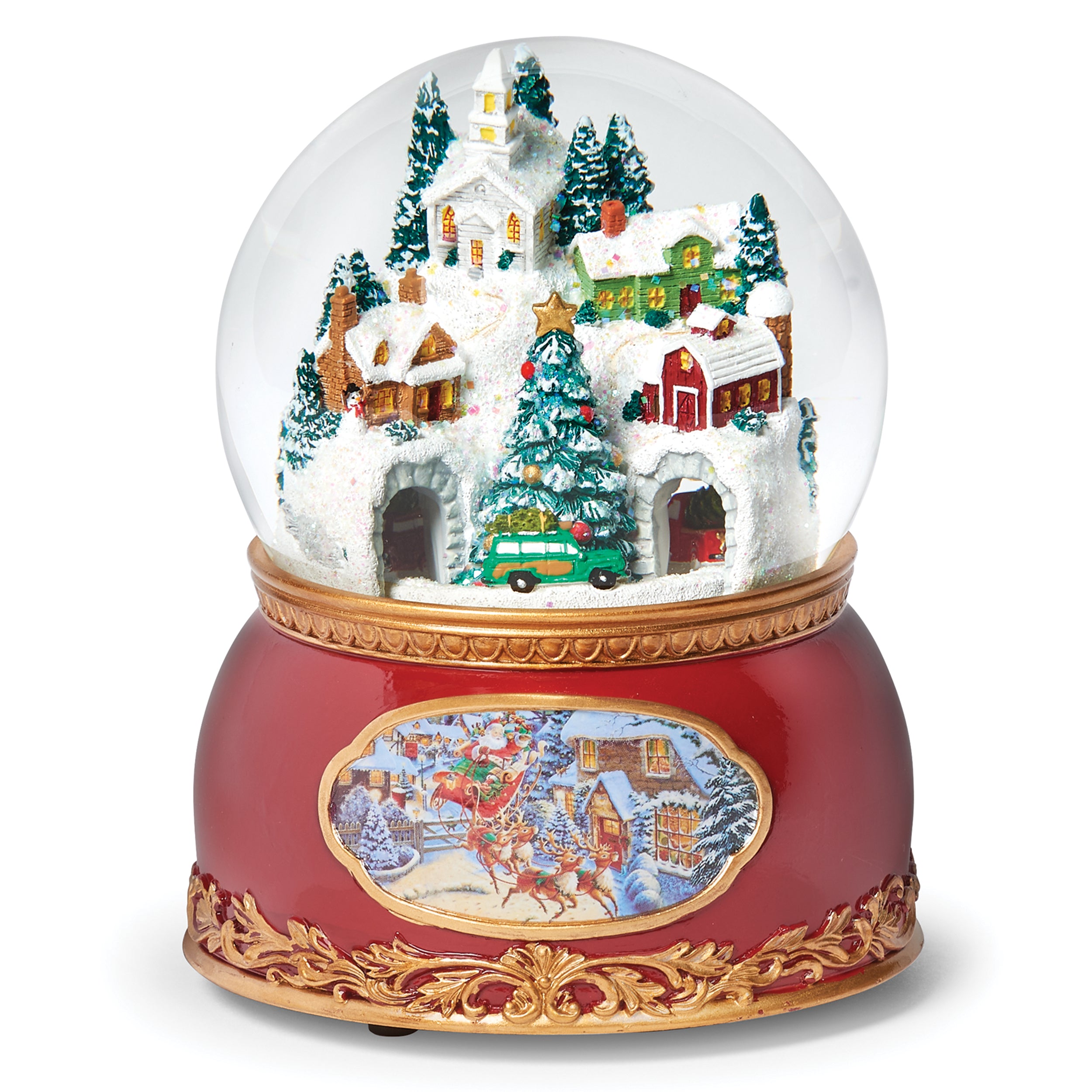 Christmas snow globe with a festive village scene inside on a white background