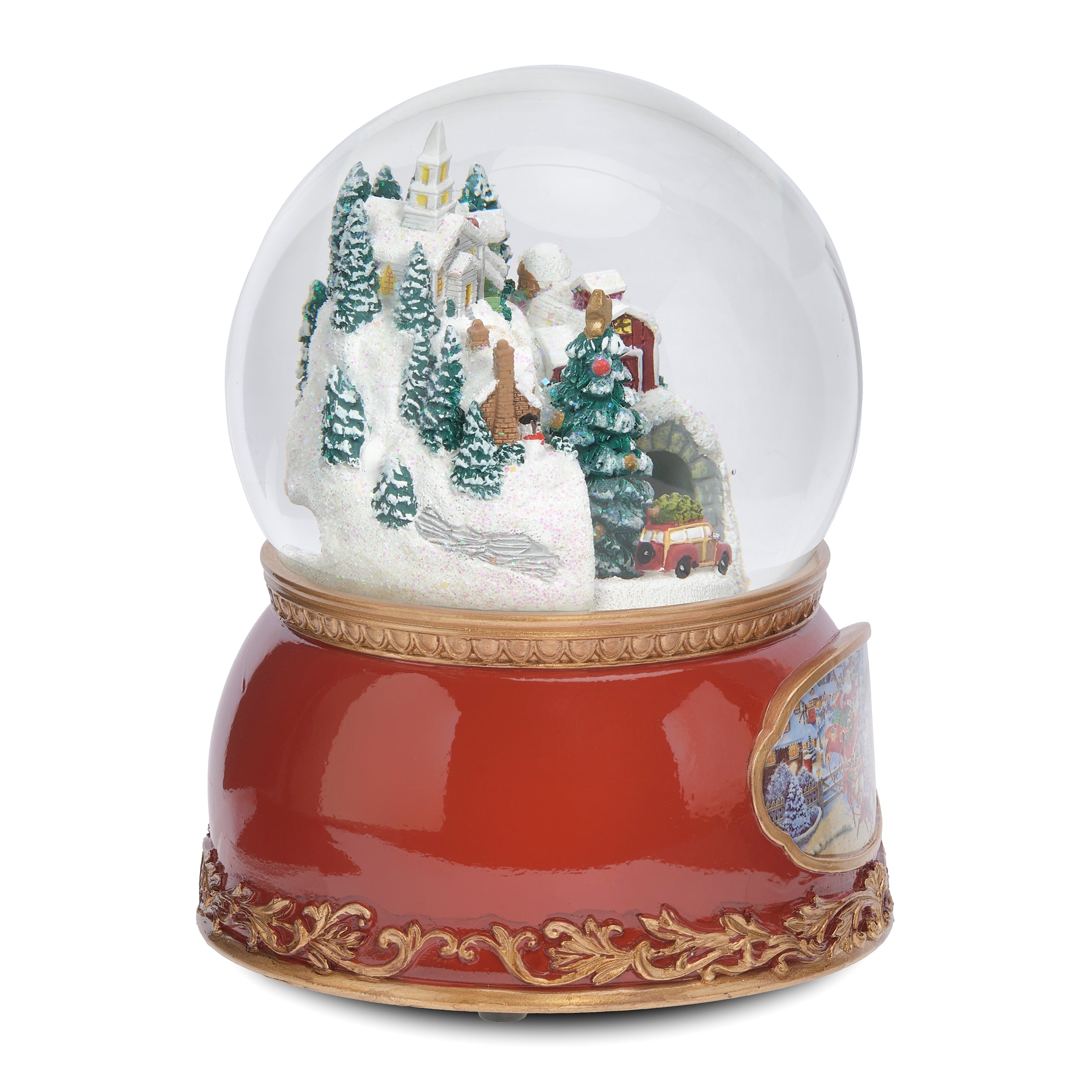 Christmas-themed snow globe with a red base on a white background