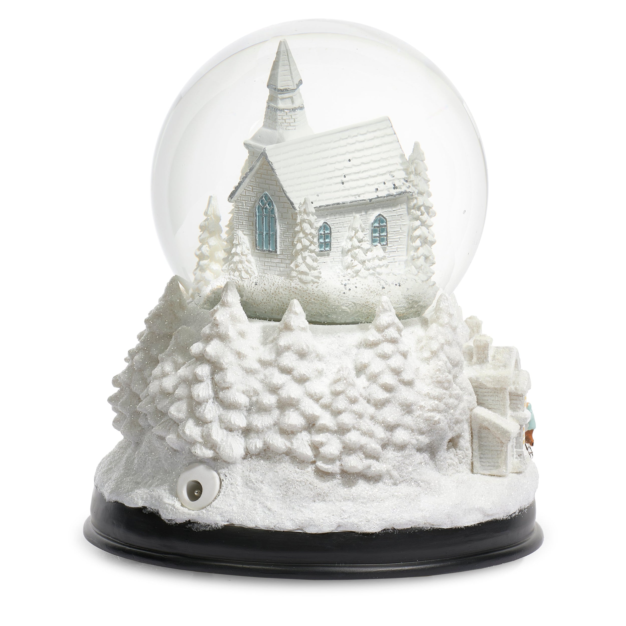 Snow globe with a church and snowy landscape on a white background