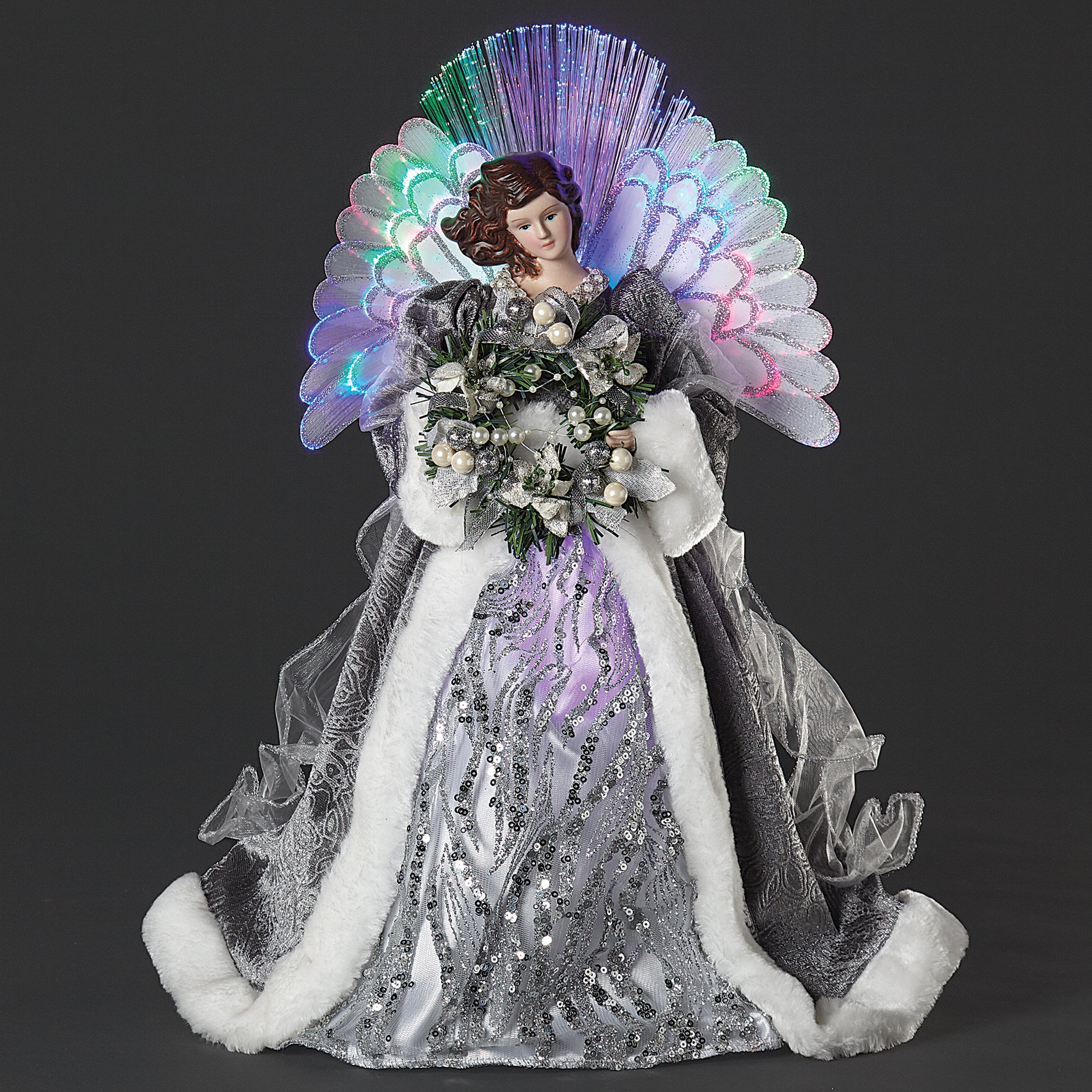 Lighted Silver Angel Treetopper with Fiber Optic Wings