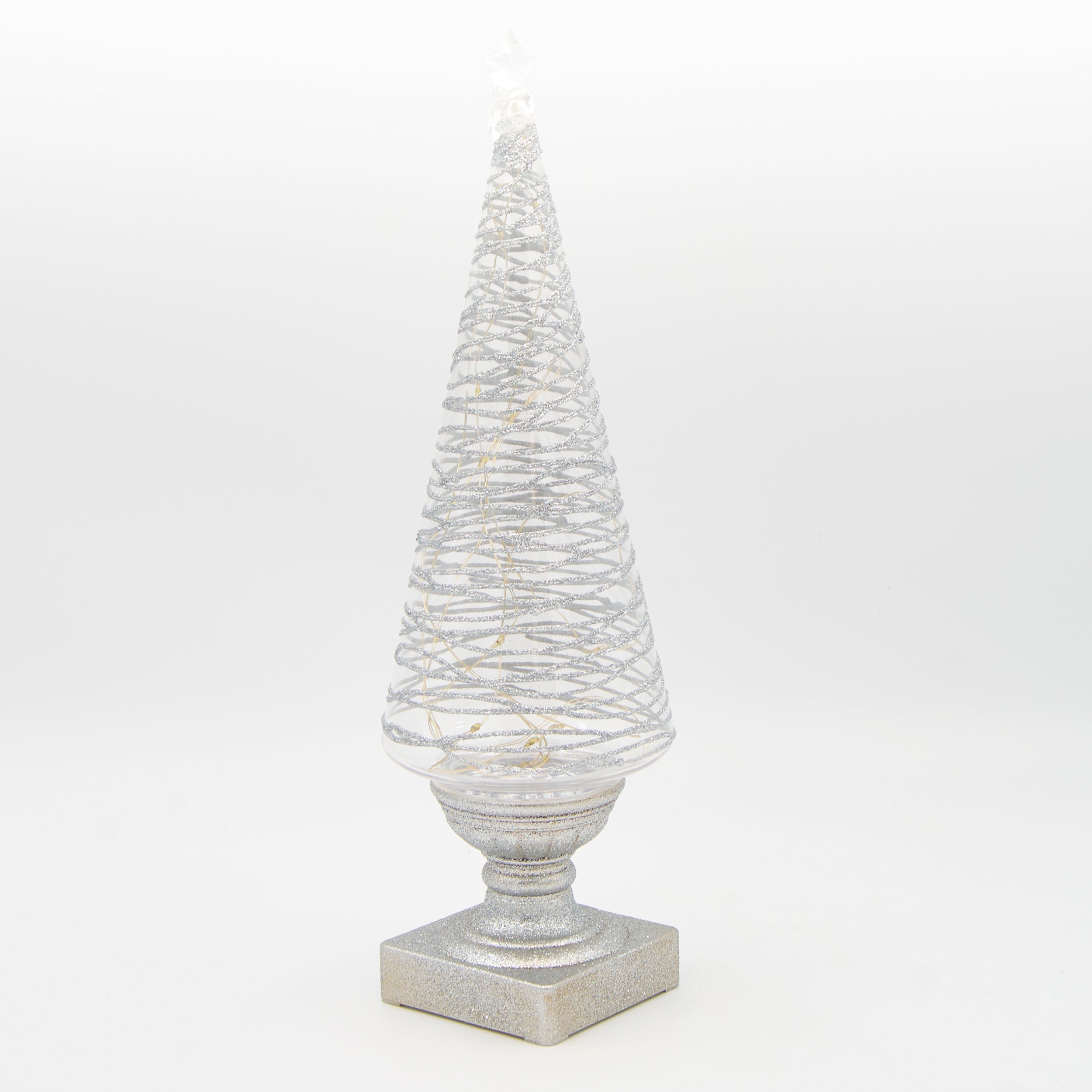 Lighted Tree with Spiraling Silver Glitter