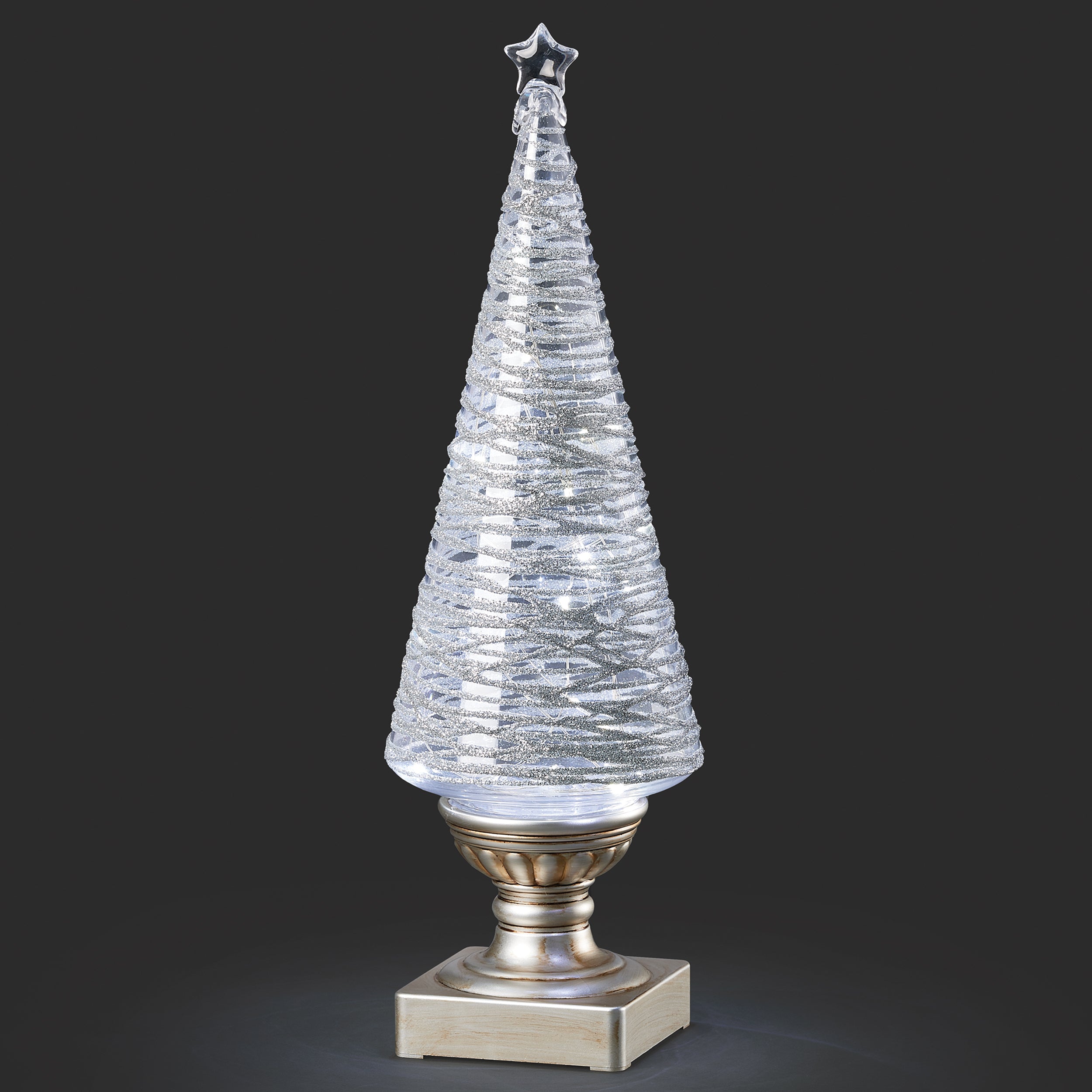 Lighted Tree with Spiraling Silver Glitter