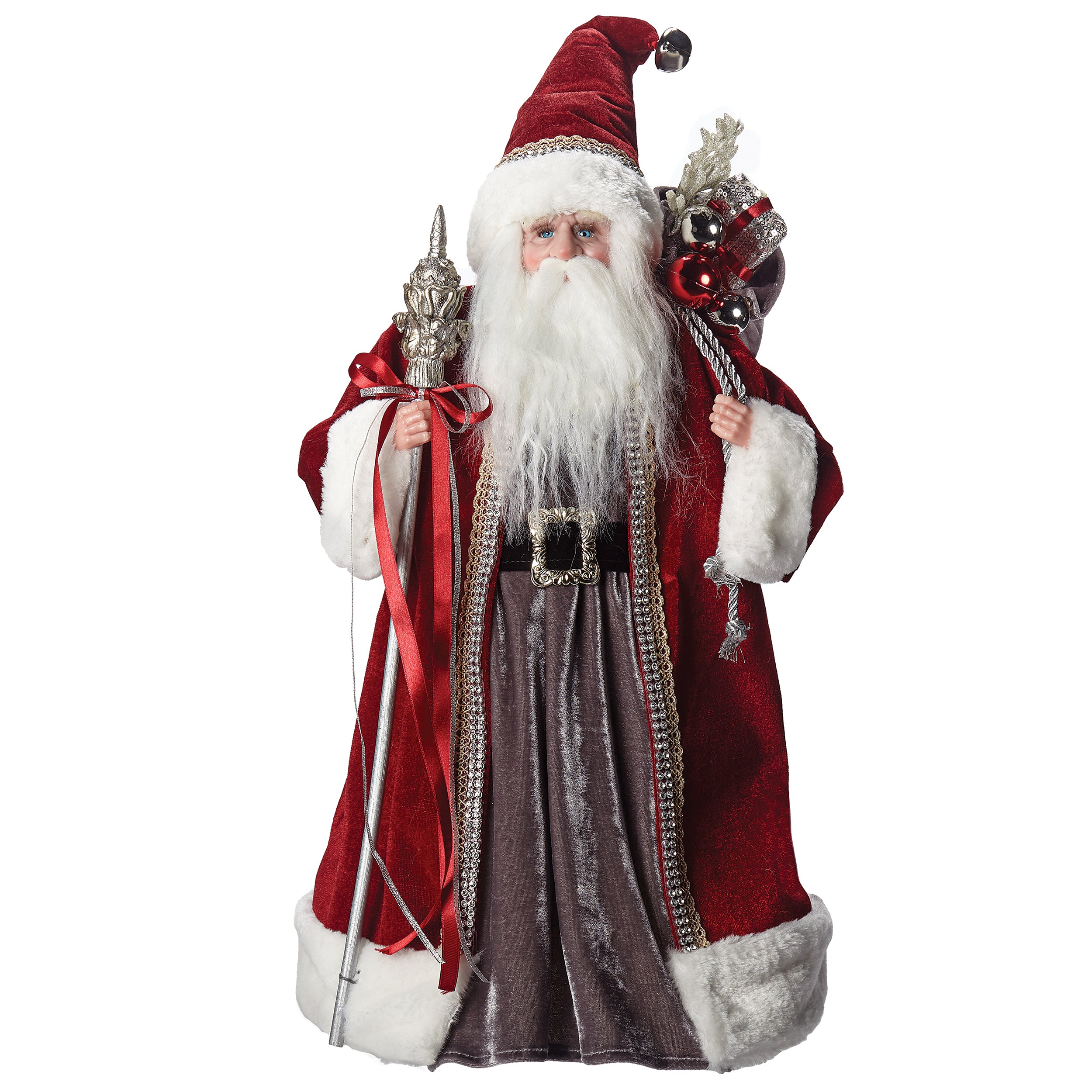Santa Treetopper in Burgundy & Grey with White Fur