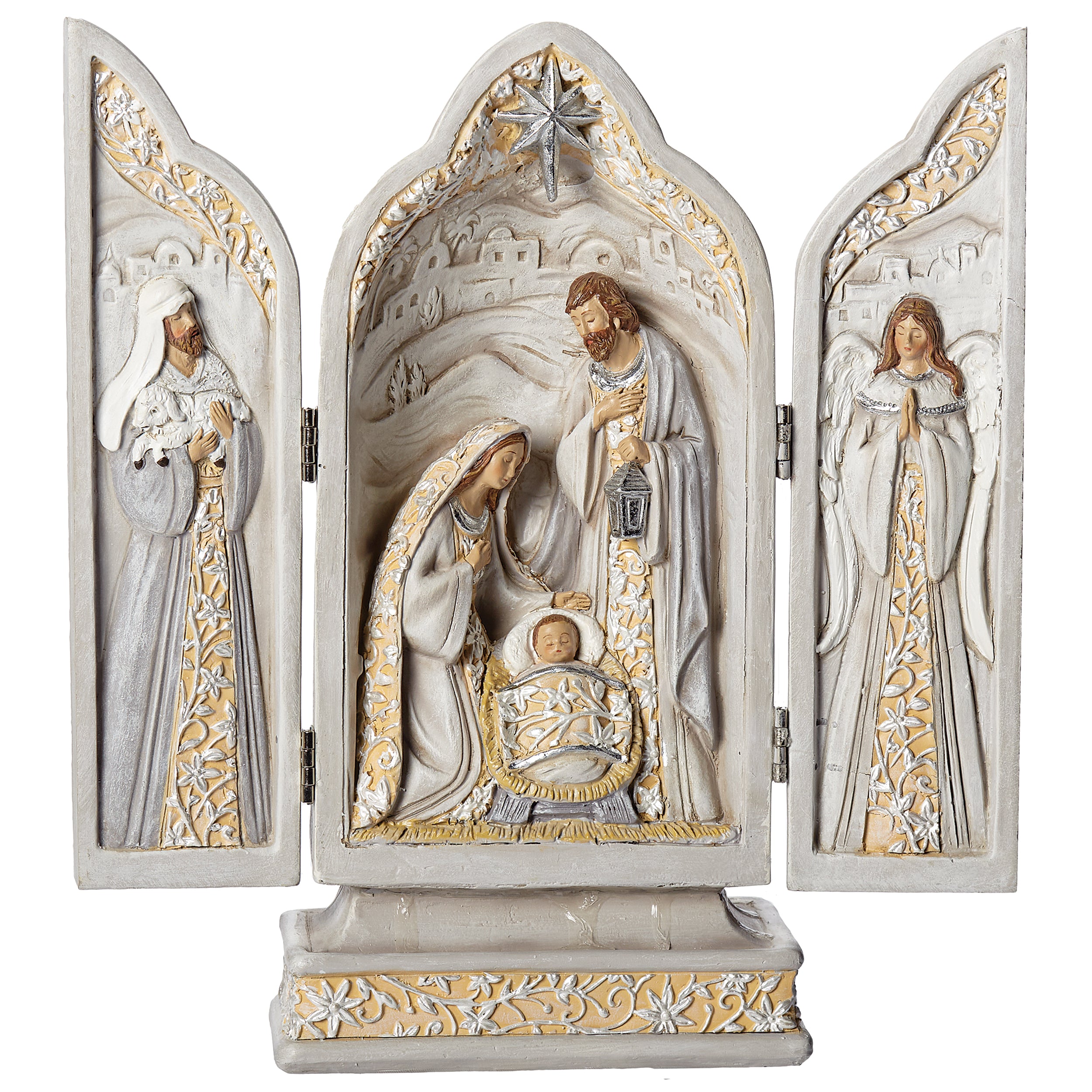 Holy Family Triptych with Gold Floral & "For Unto Us" Verse