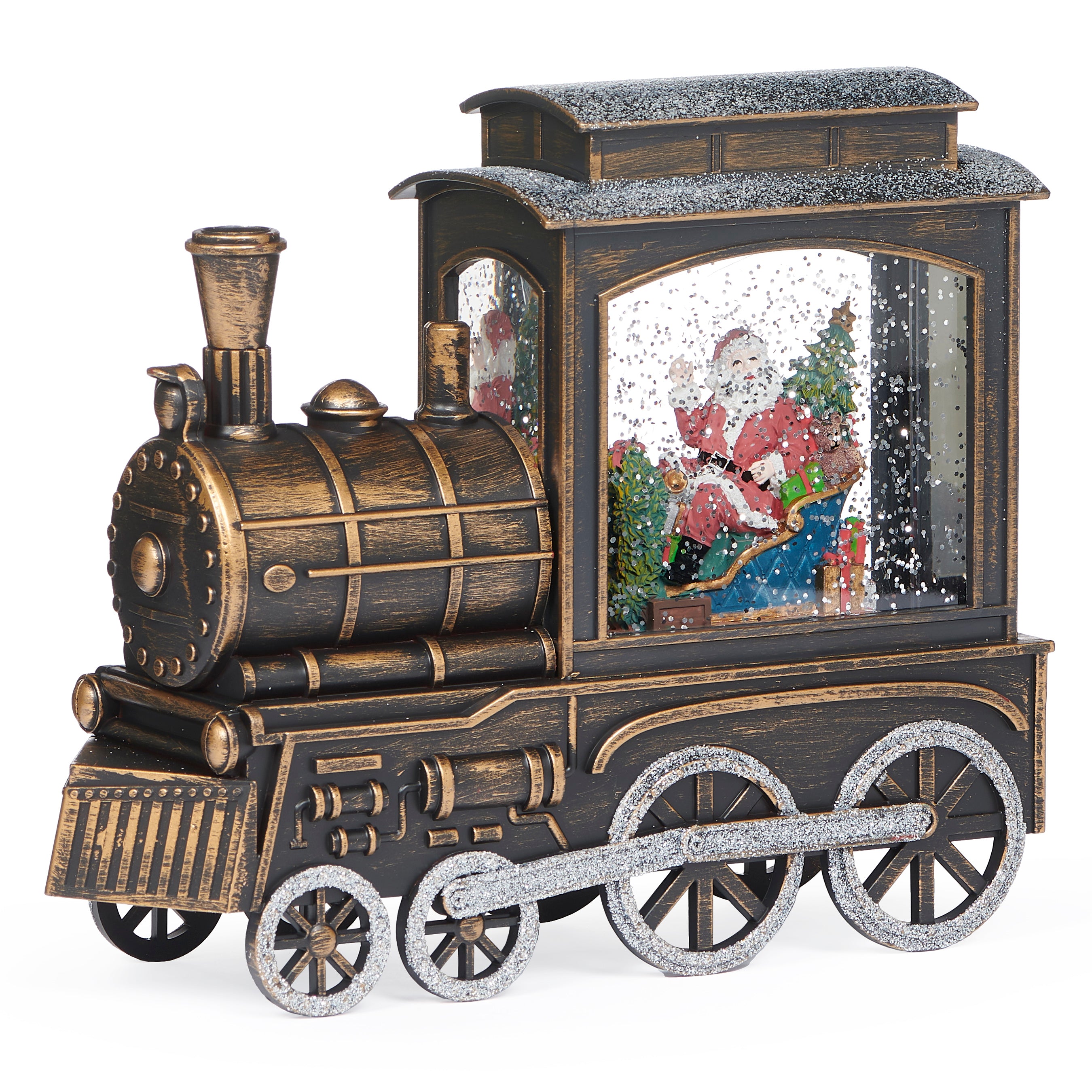 Decorative train with a snow globe effect on a white background