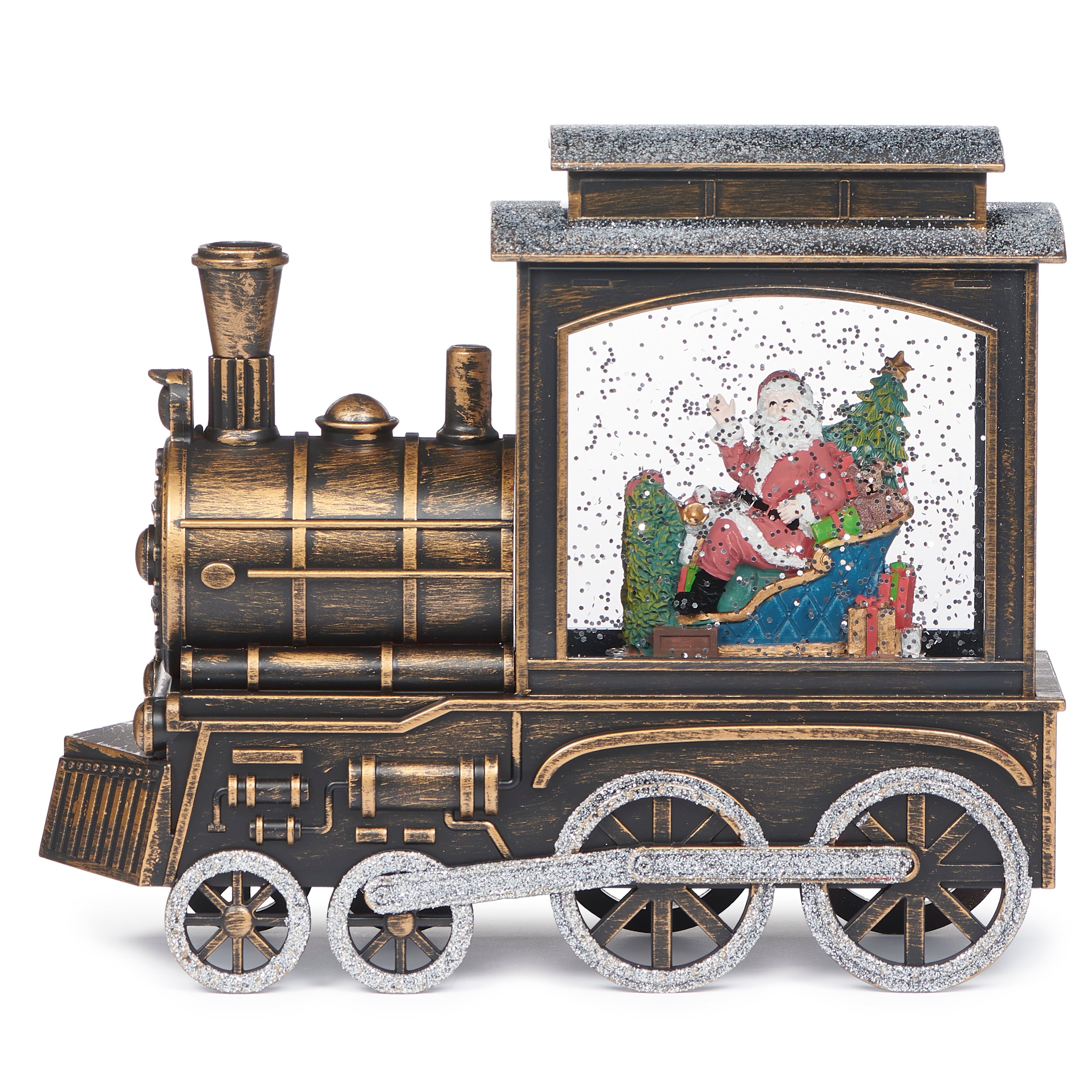 Decorative train model with a Santa Claus scene inside, on a white background