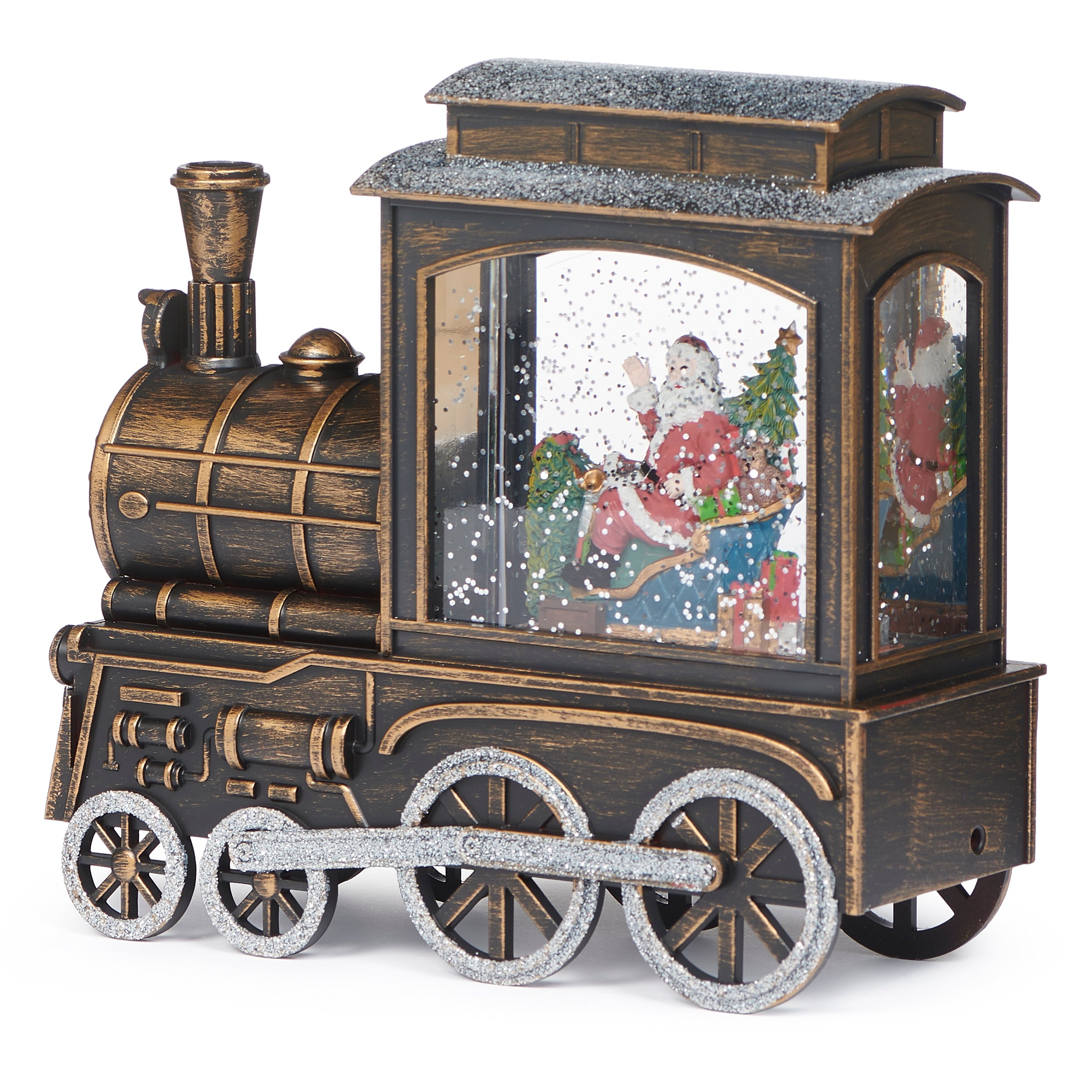 Decorative train model with a Santa Claus scene inside, on a white background