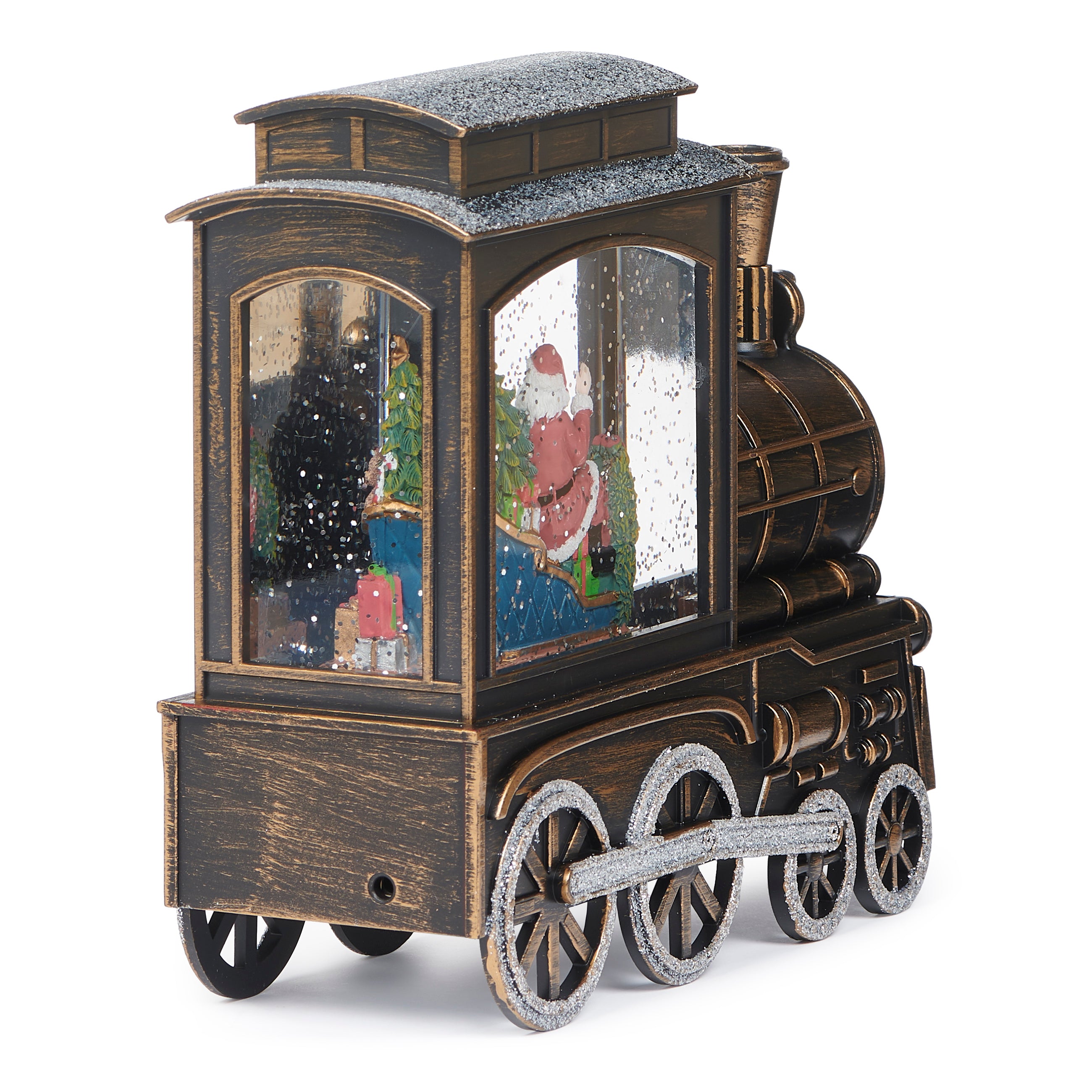 Decorative train model with a Santa Claus scene inside, on a white background