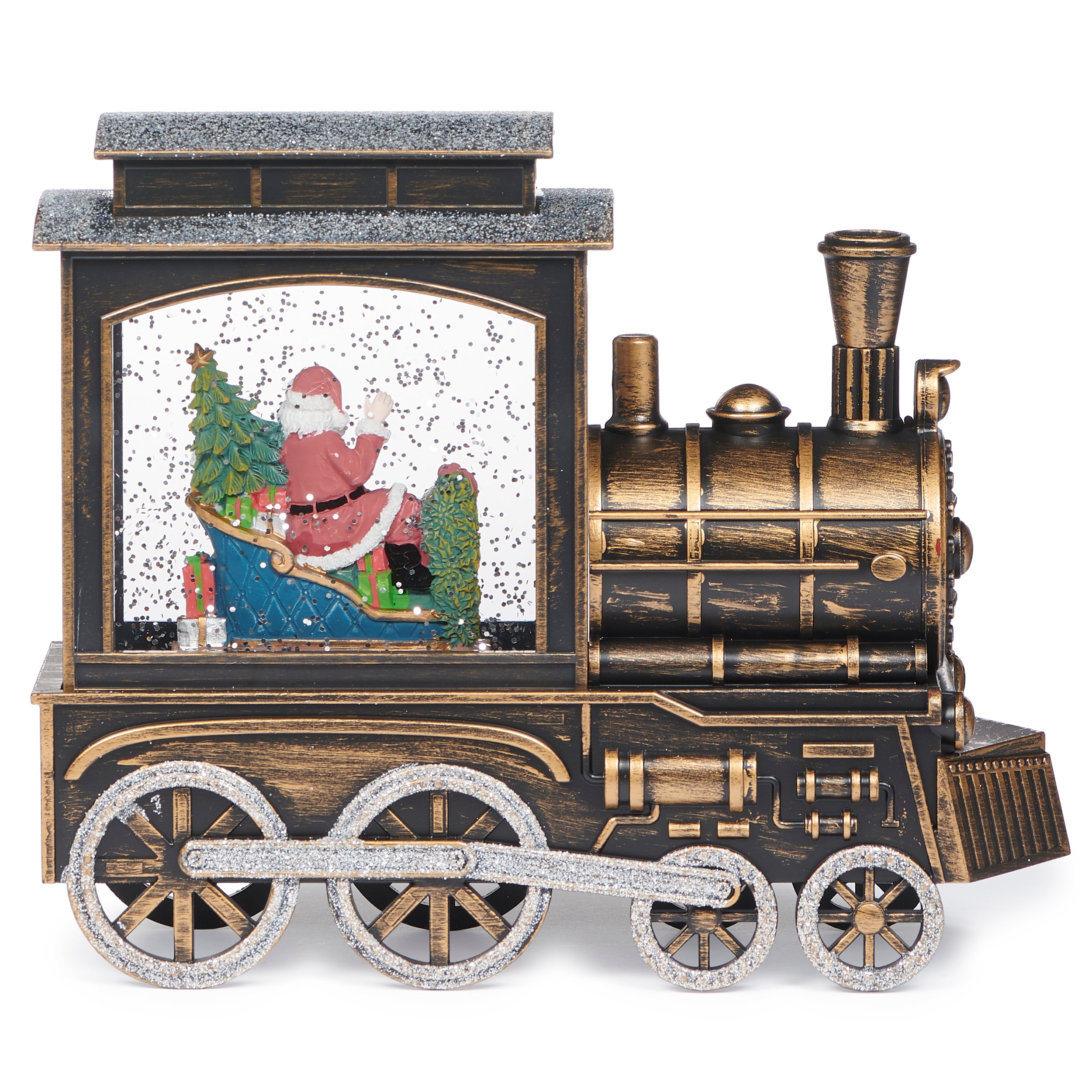 Decorative train model with a Santa Claus scene inside, on a white background