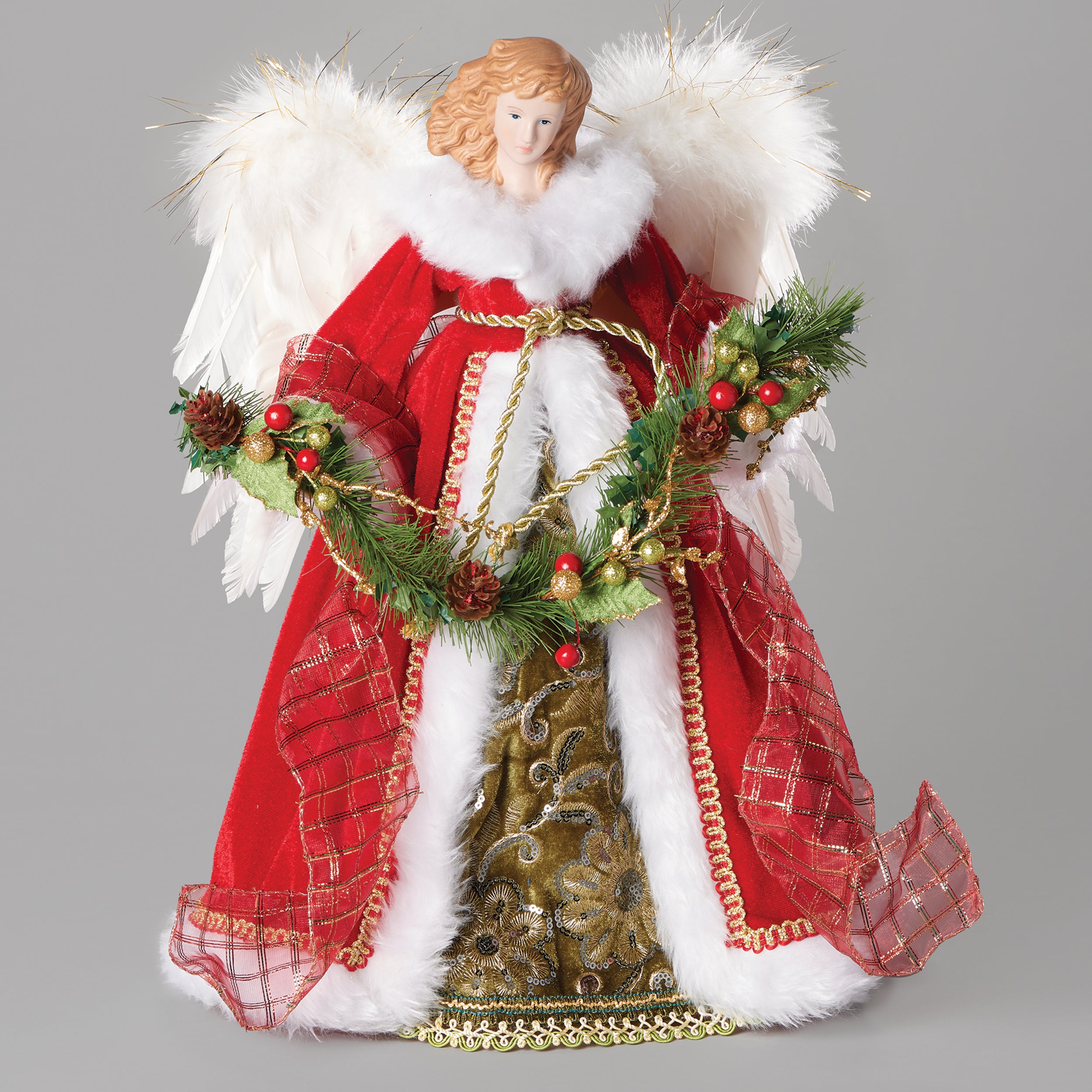Red Angel Treetopper with Garland & Feather Wings