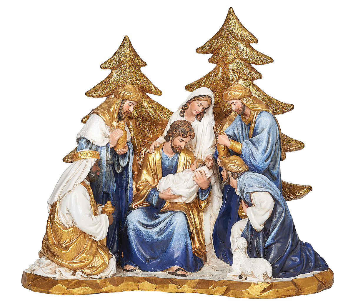 Joseph's Studio Nativity Figurine with Gold Tree featuring the Holy Family, angel, and lamb gathered before layered shimmering gold trees in blue, white, and gold tones